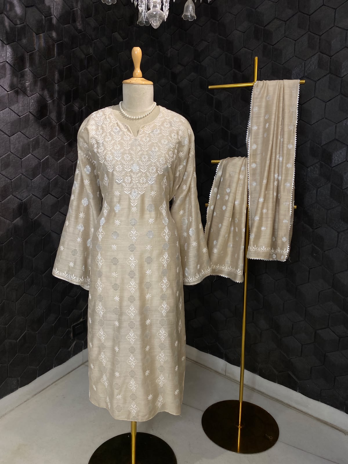 Beige Moonga Silk Zari Butti Kurta Set