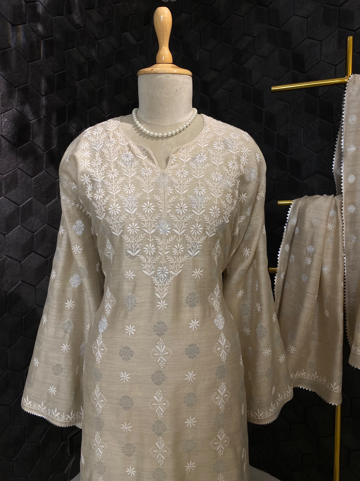 Beige Moonga Silk Zari Butti Kurta Set