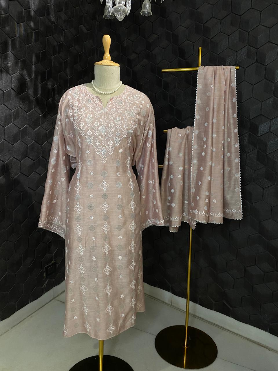 Rose Pink Moonga Silk Zari Butti Kurta Set