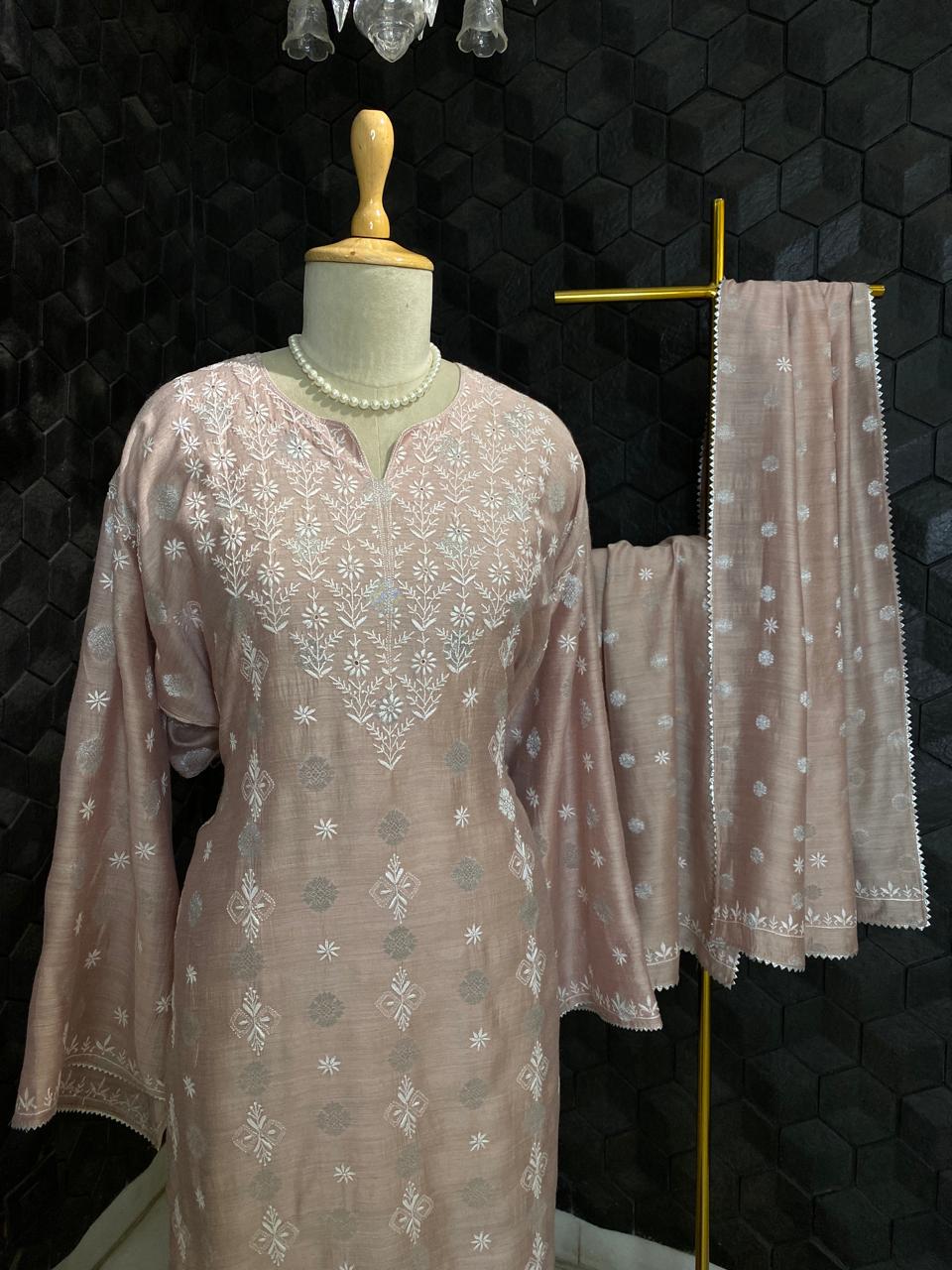 Rose Pink Moonga Silk Zari Butti Kurta Set