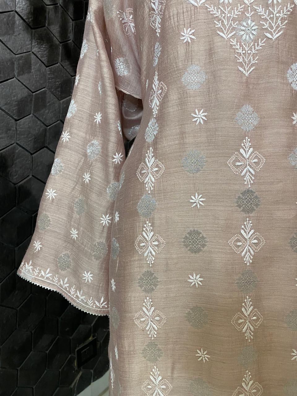 Rose Pink Moonga Silk Zari Butti Kurta Set