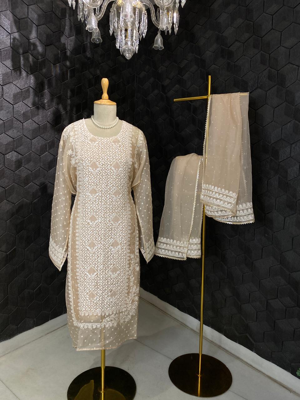 Peach Organza Jaal Chikankari Kurta Set