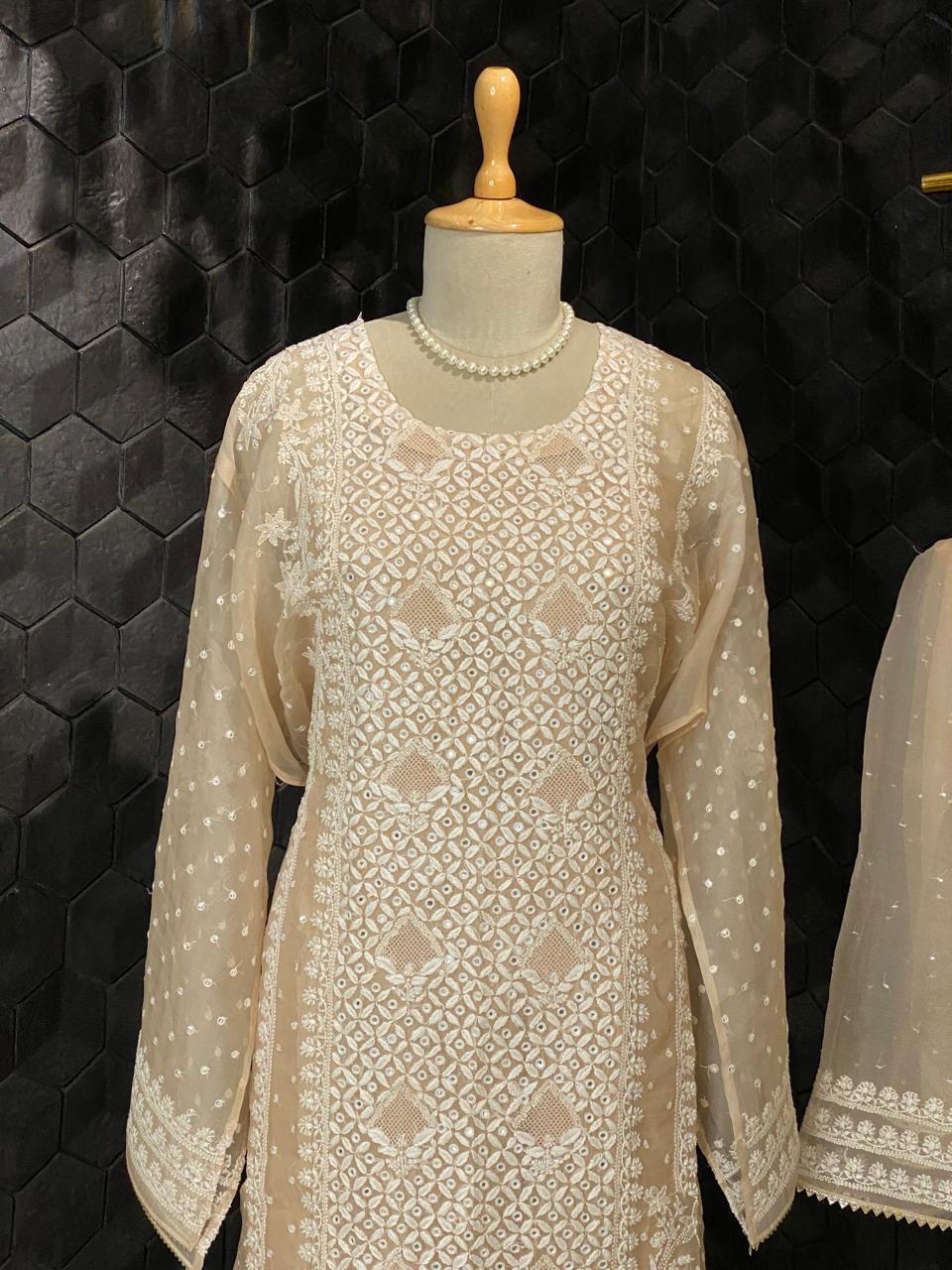 Peach Organza Jaal Chikankari Kurta Set