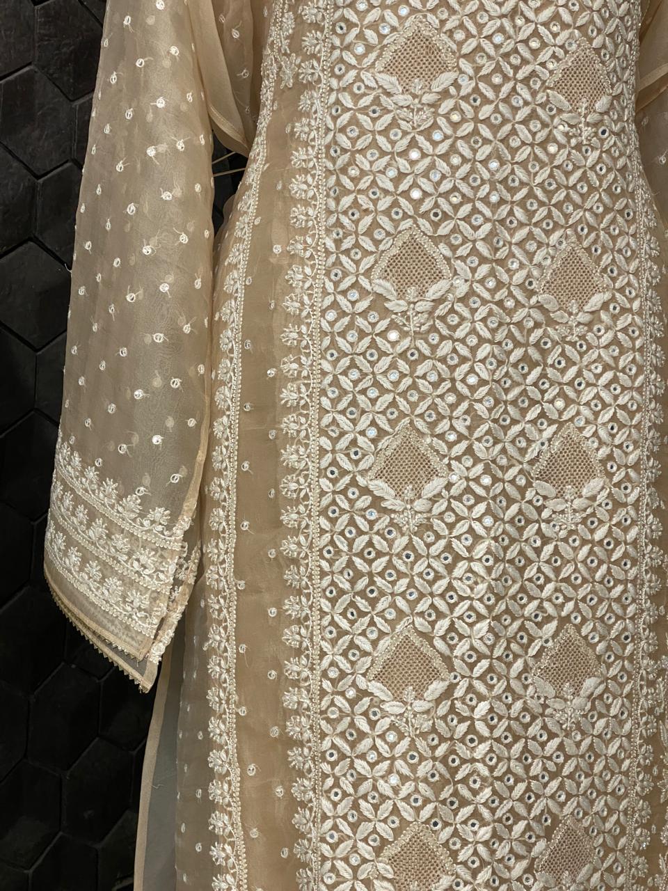 Peach Organza Jaal Chikankari Kurta Set