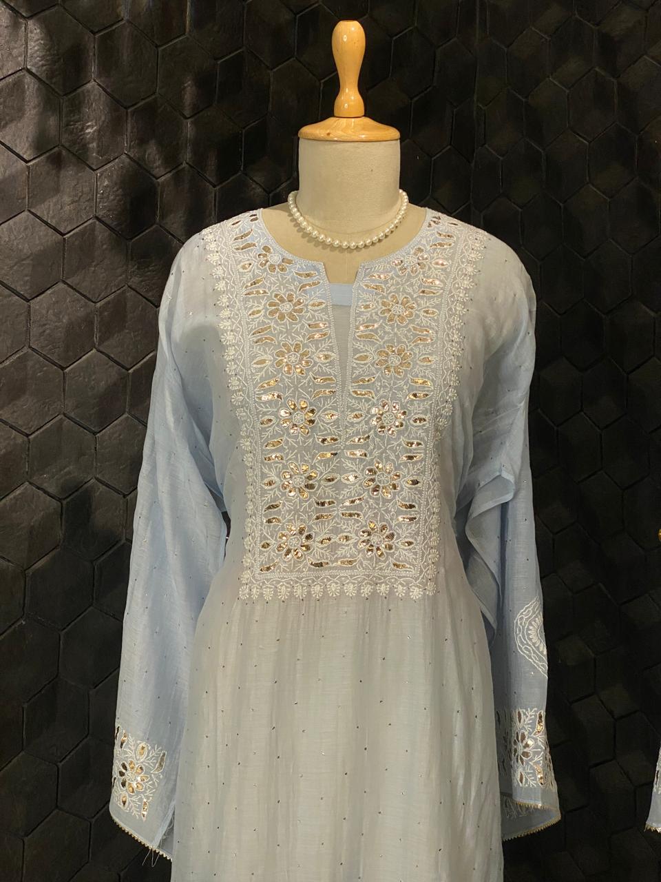 Sky Blue Pitta & Mukaish Kurta Set
