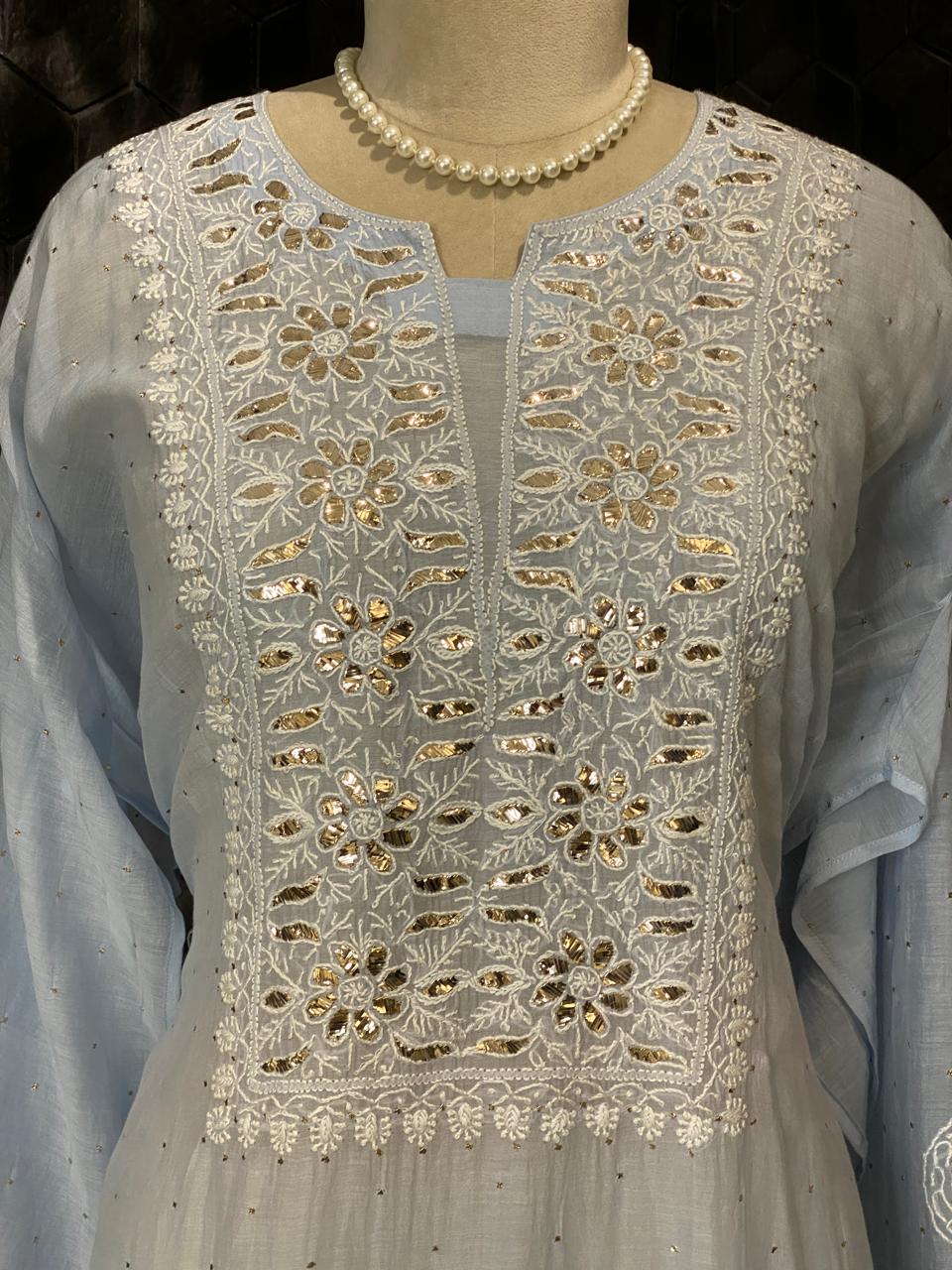 Sky Blue Pitta & Mukaish Kurta Set