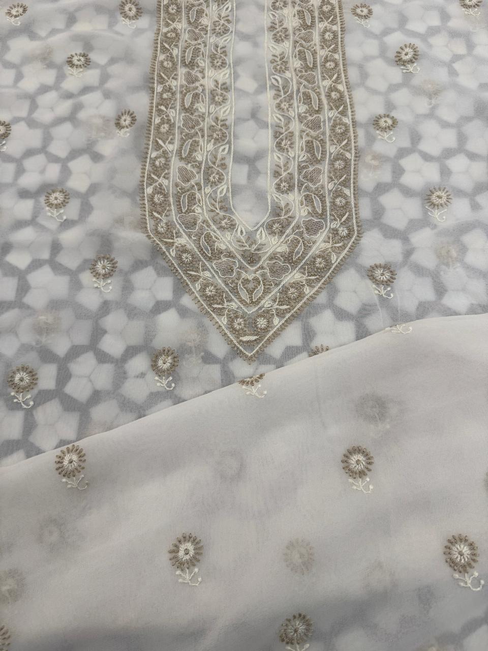 Ivory Georgette in Brown Chikankari Men's Kurta