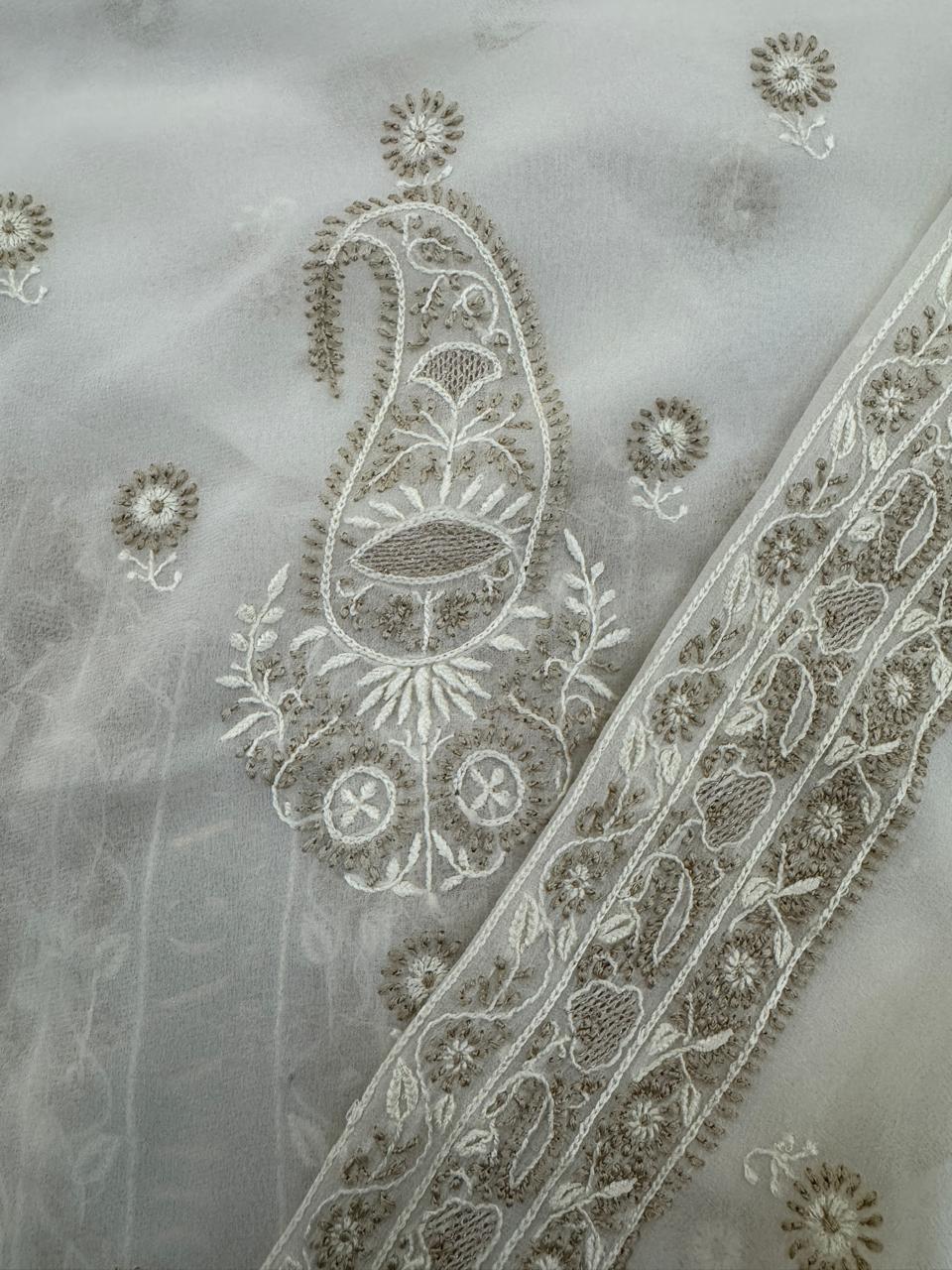 Ivory Georgette in Brown Chikankari Men's Kurta