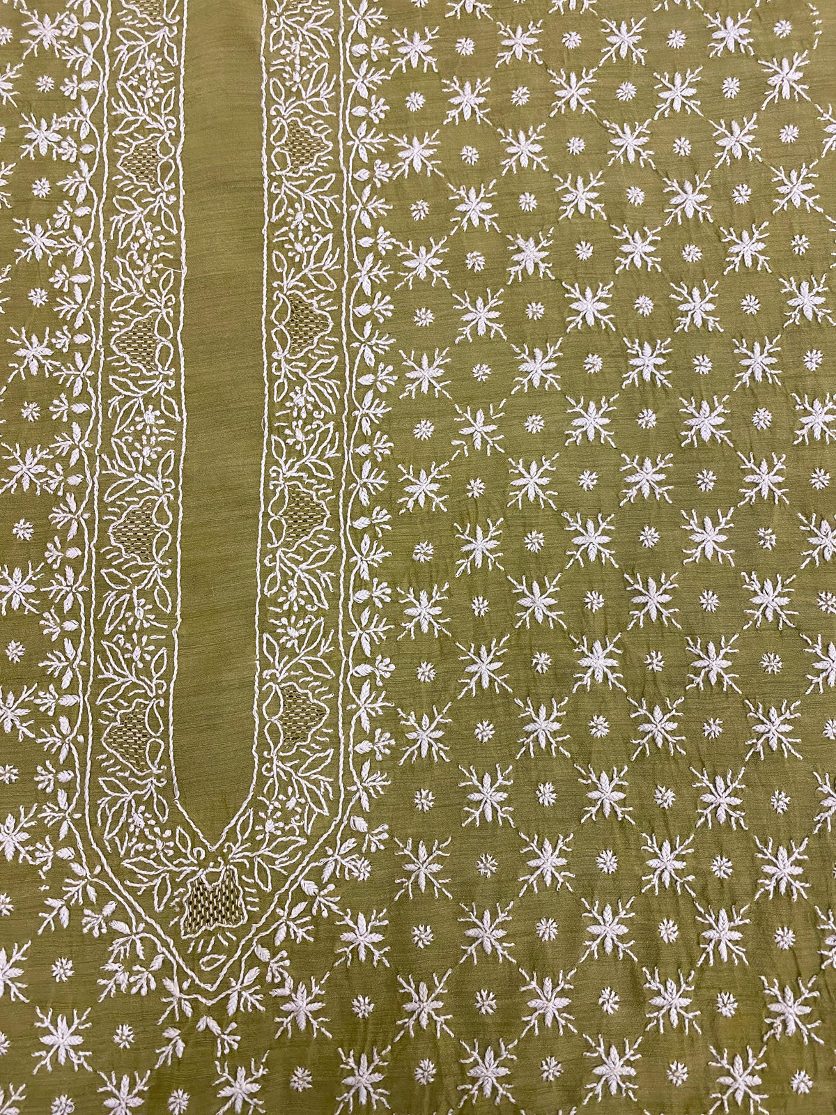 Olive Green Moonga Silk Chikankari Men's Kurta