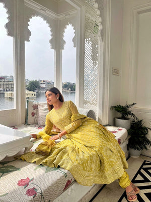 Arushi Tripathi in Lime Green Tissue Chikankari Anarkali set
