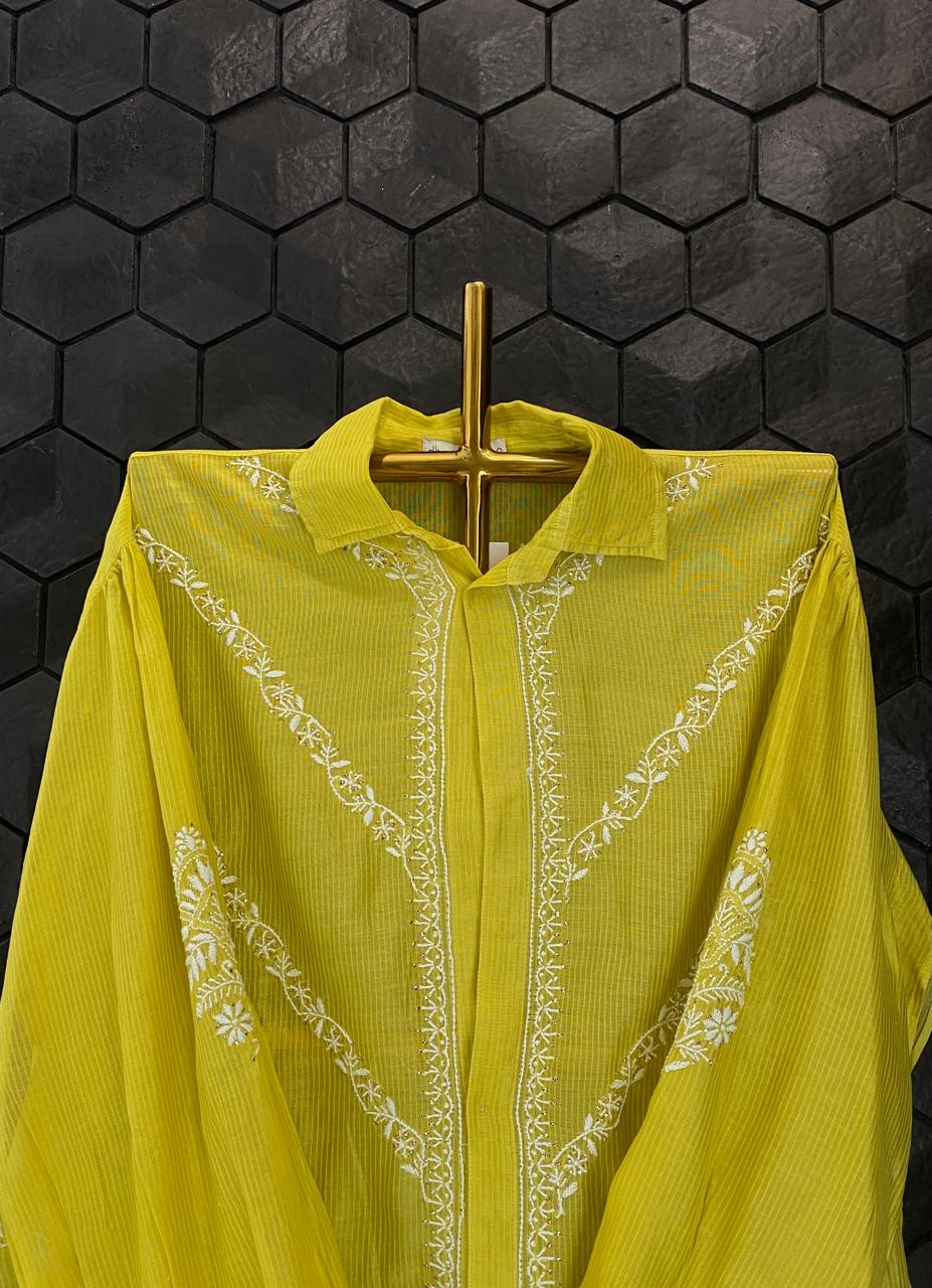 Lime Green Maheshwari Chikankari Shirt