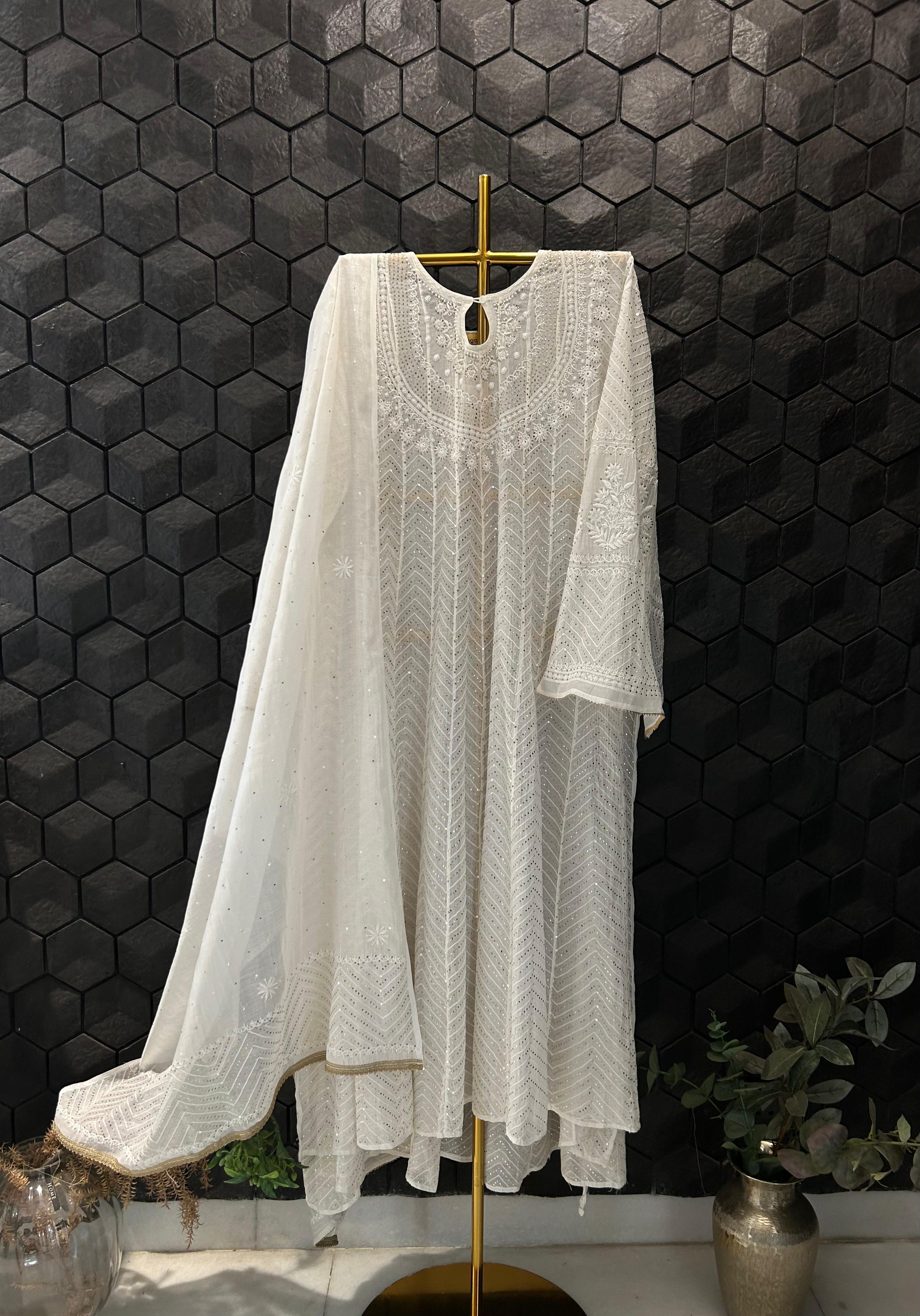 White Mul Chanderi Chikankari Anarkali Set