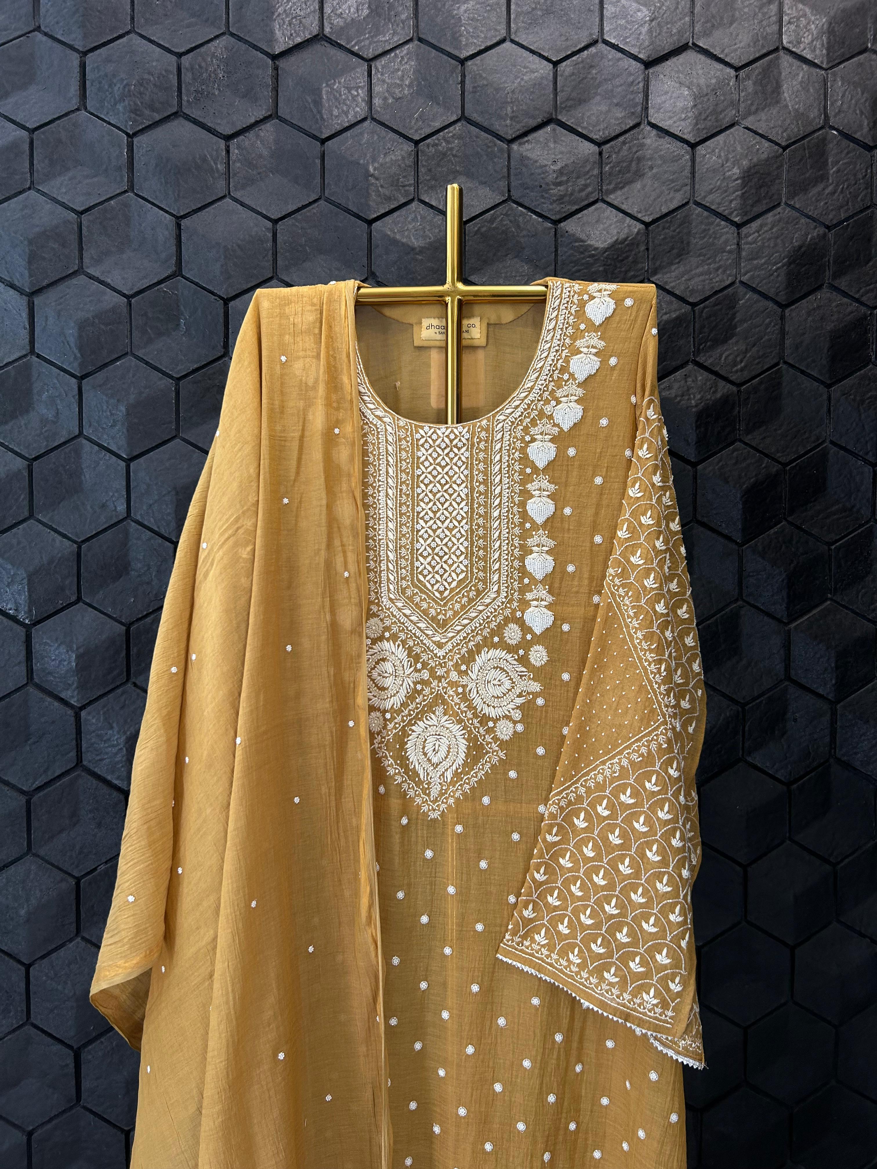 Mustard Tissue Chikankari Kurta Set