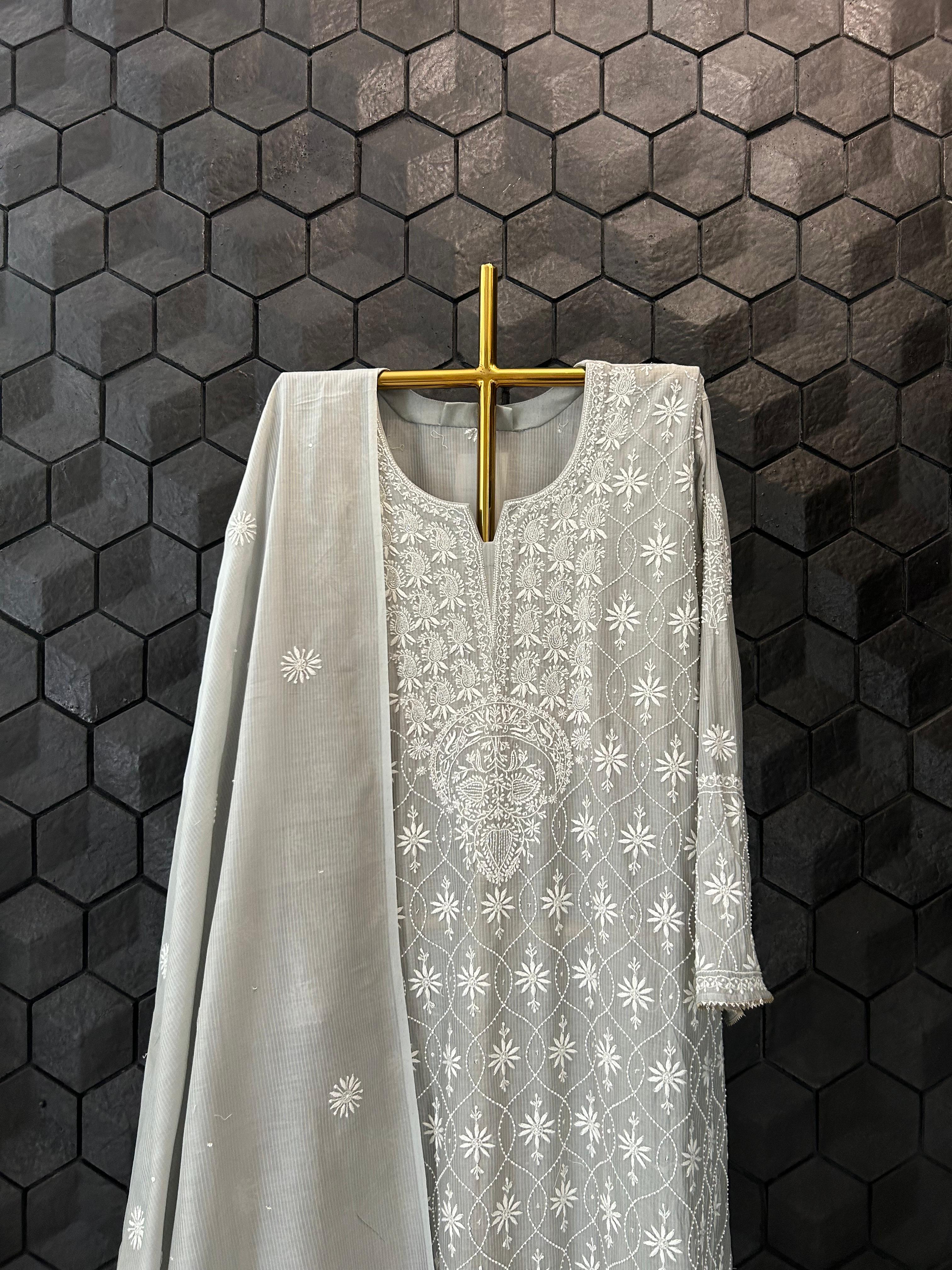 Grey Maheshwari Chikankari Kurta Set