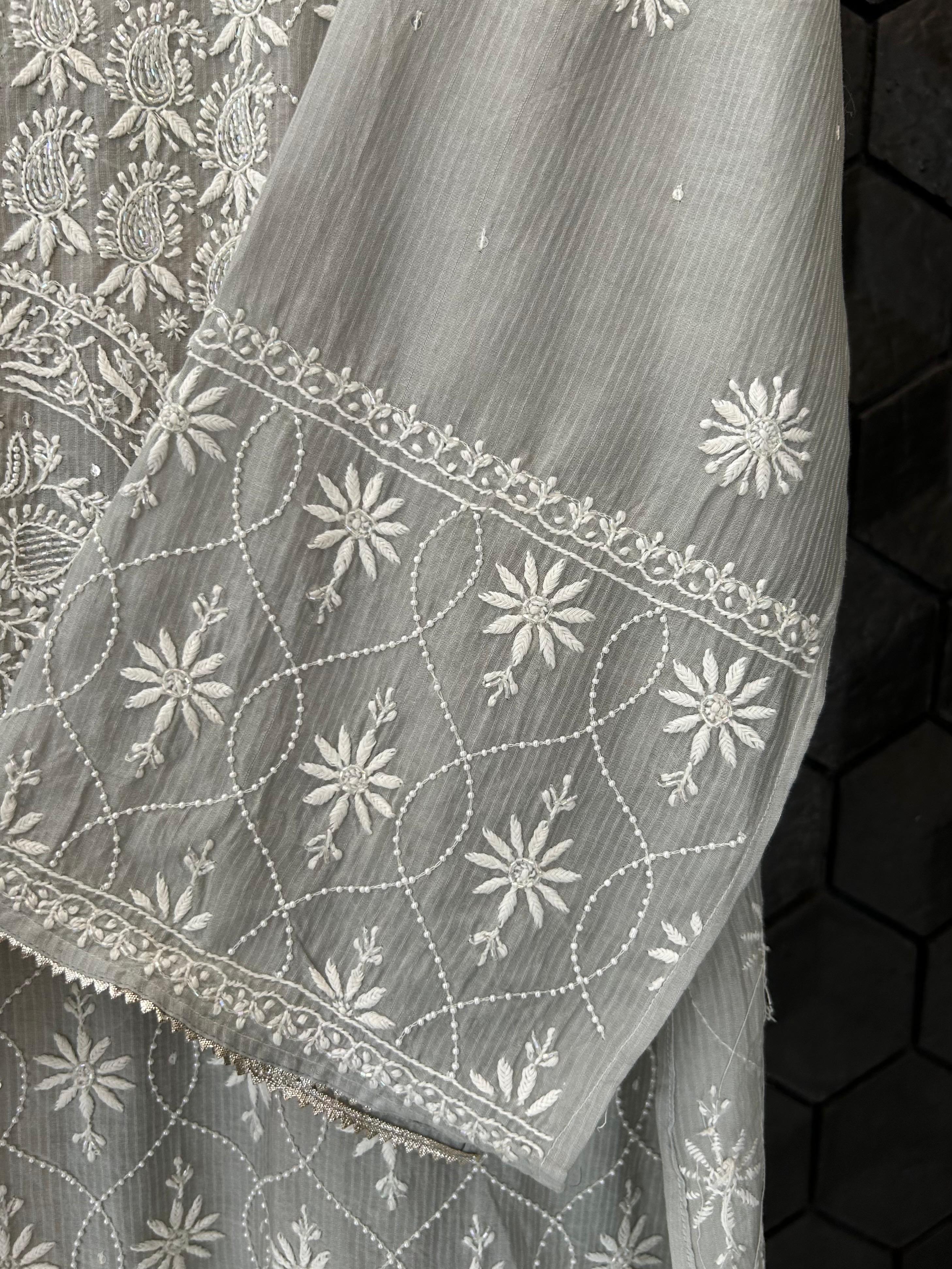 Grey Maheshwari Chikankari Kurta Set