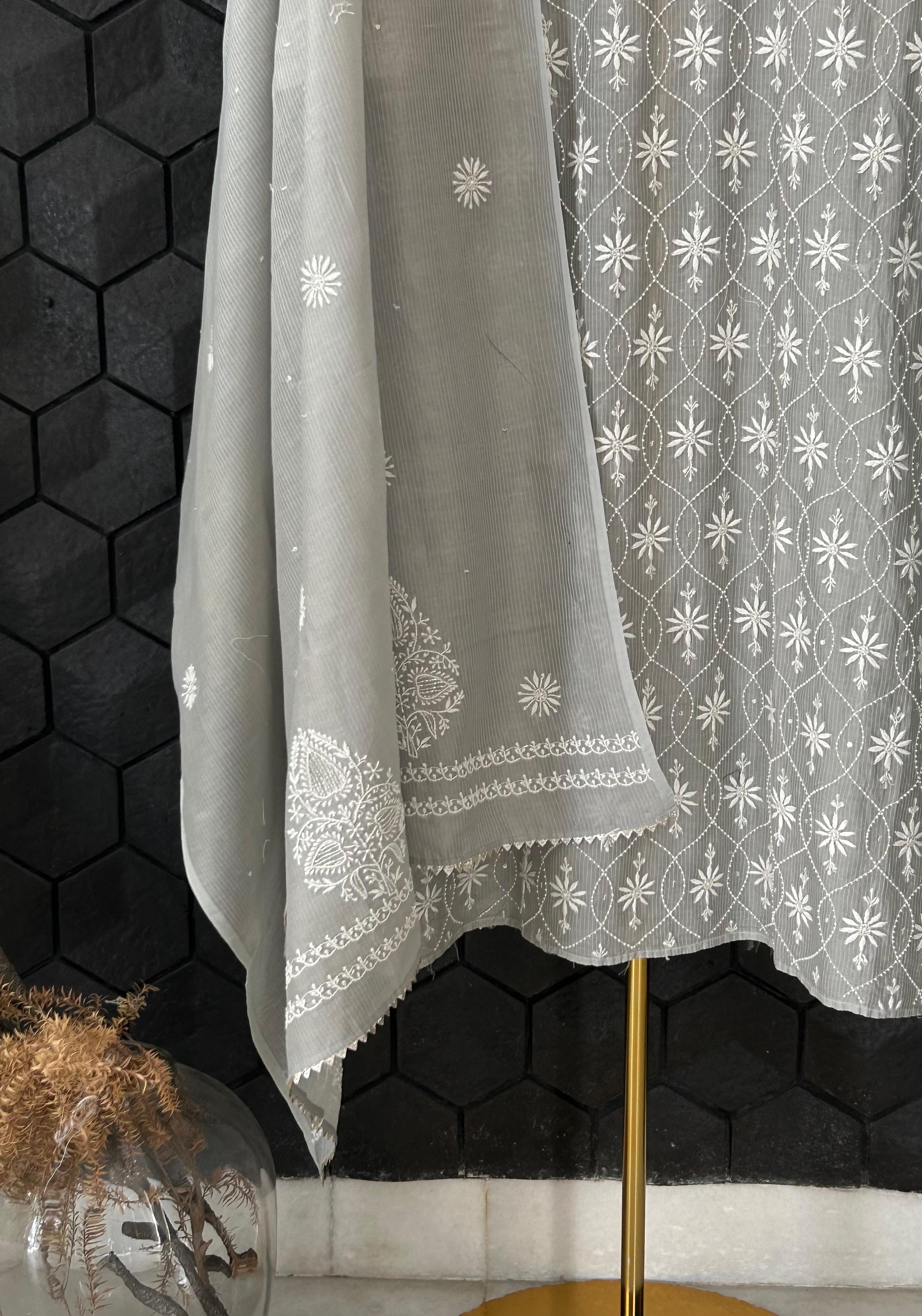 Grey Maheshwari Chikankari Kurta Set