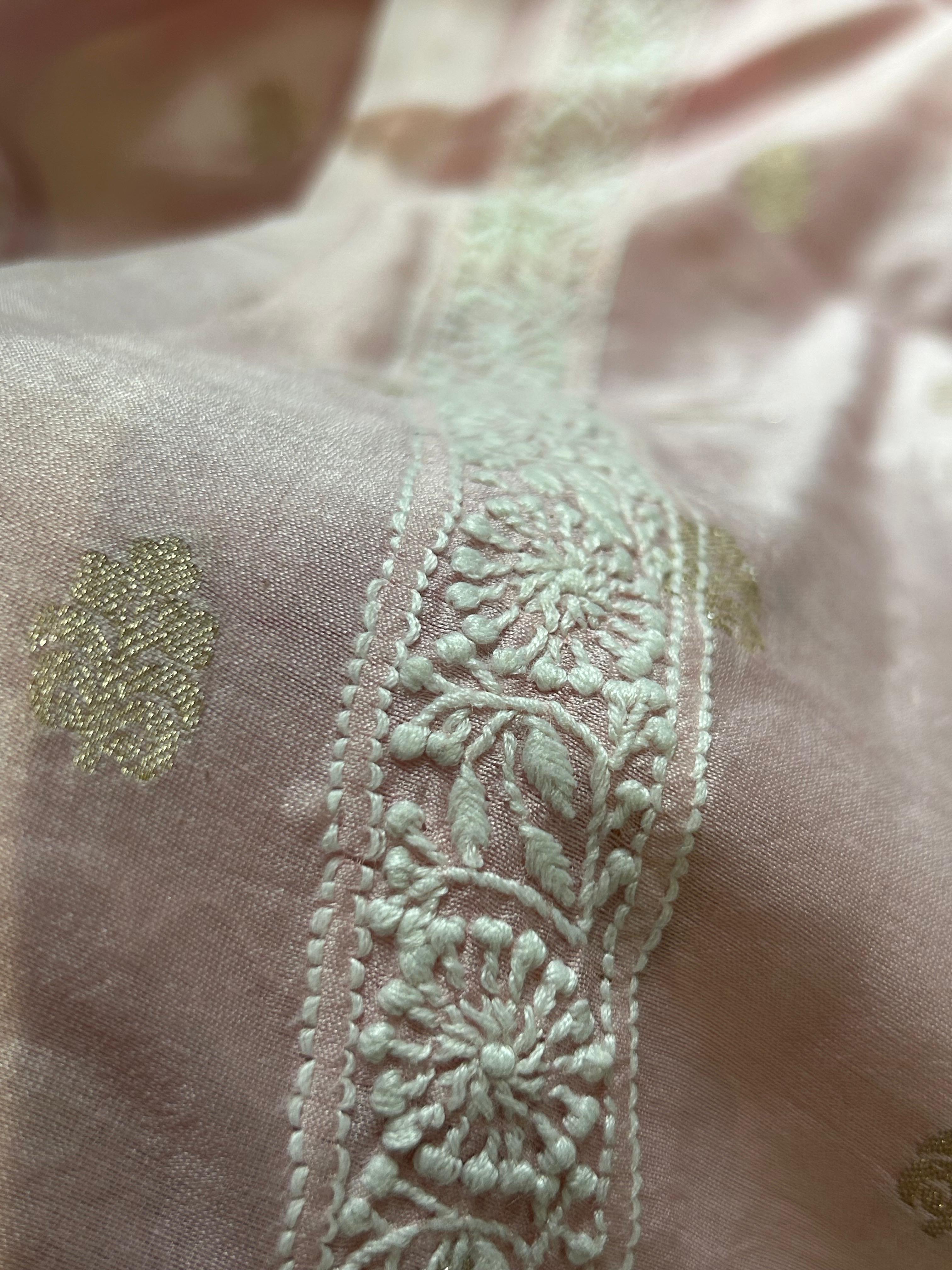 Pink Mens Chanderi Chikankari Kurta