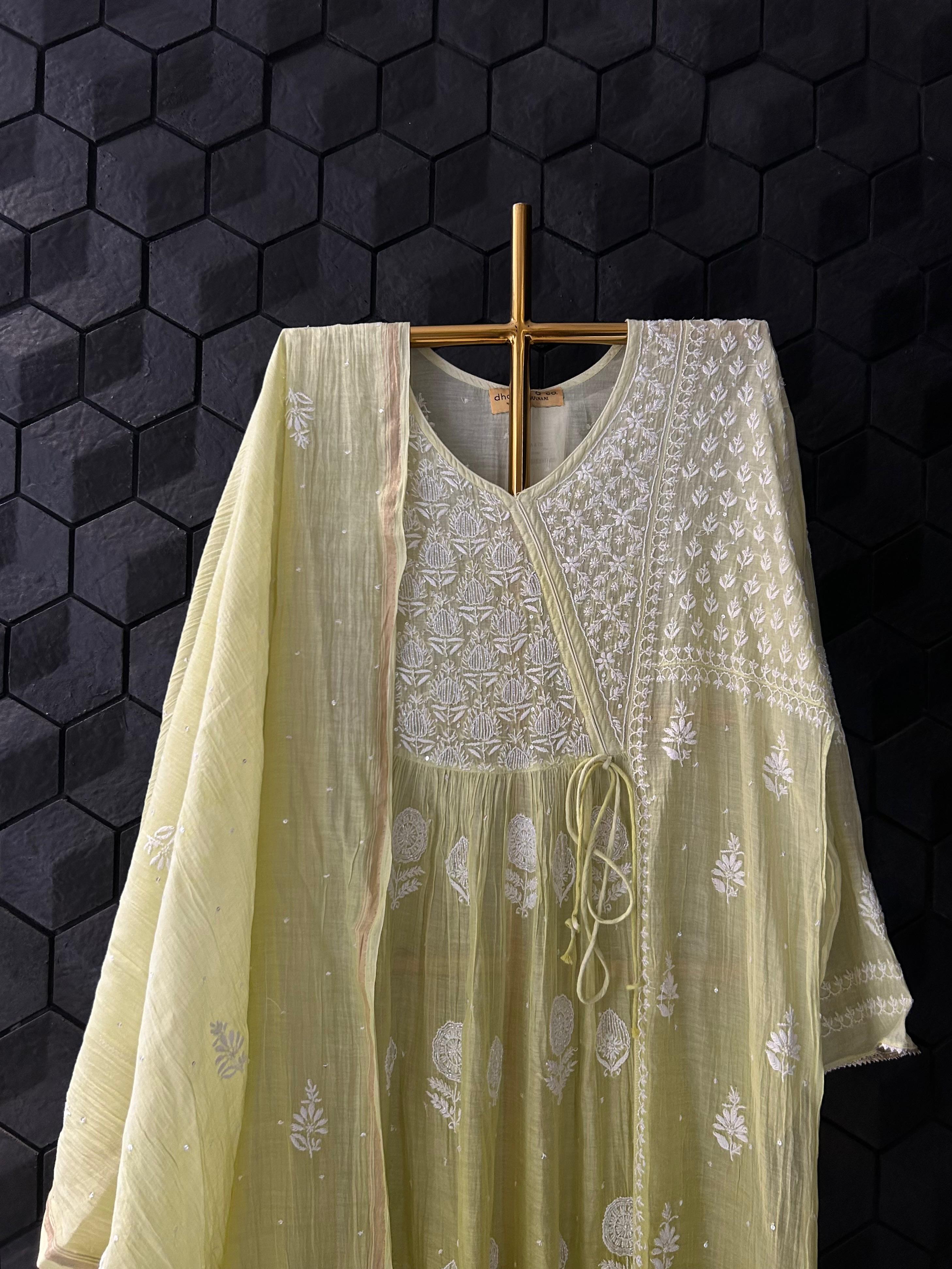 Lime Green Mul Chanderi Chikankari Angarkha Kurta Set