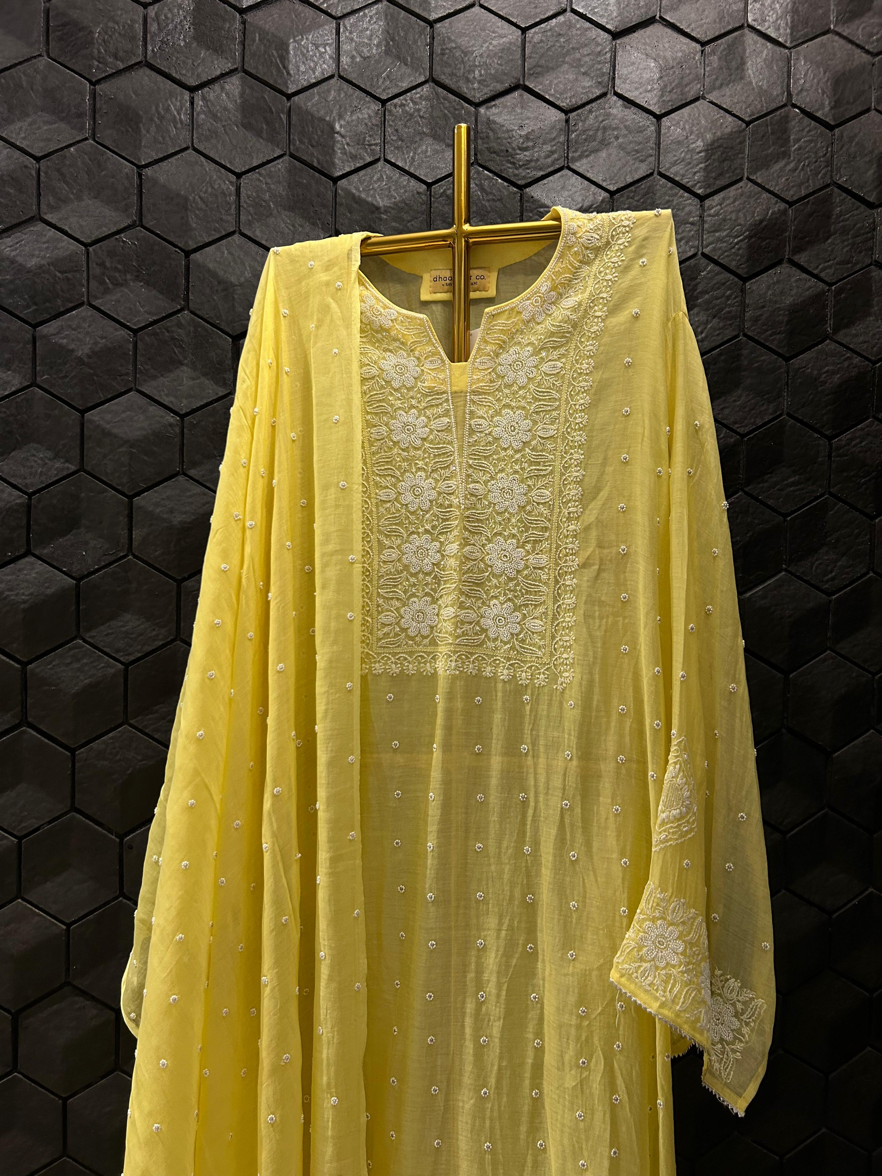 Yellow Mul Chanderi Chikankari Kurta Set