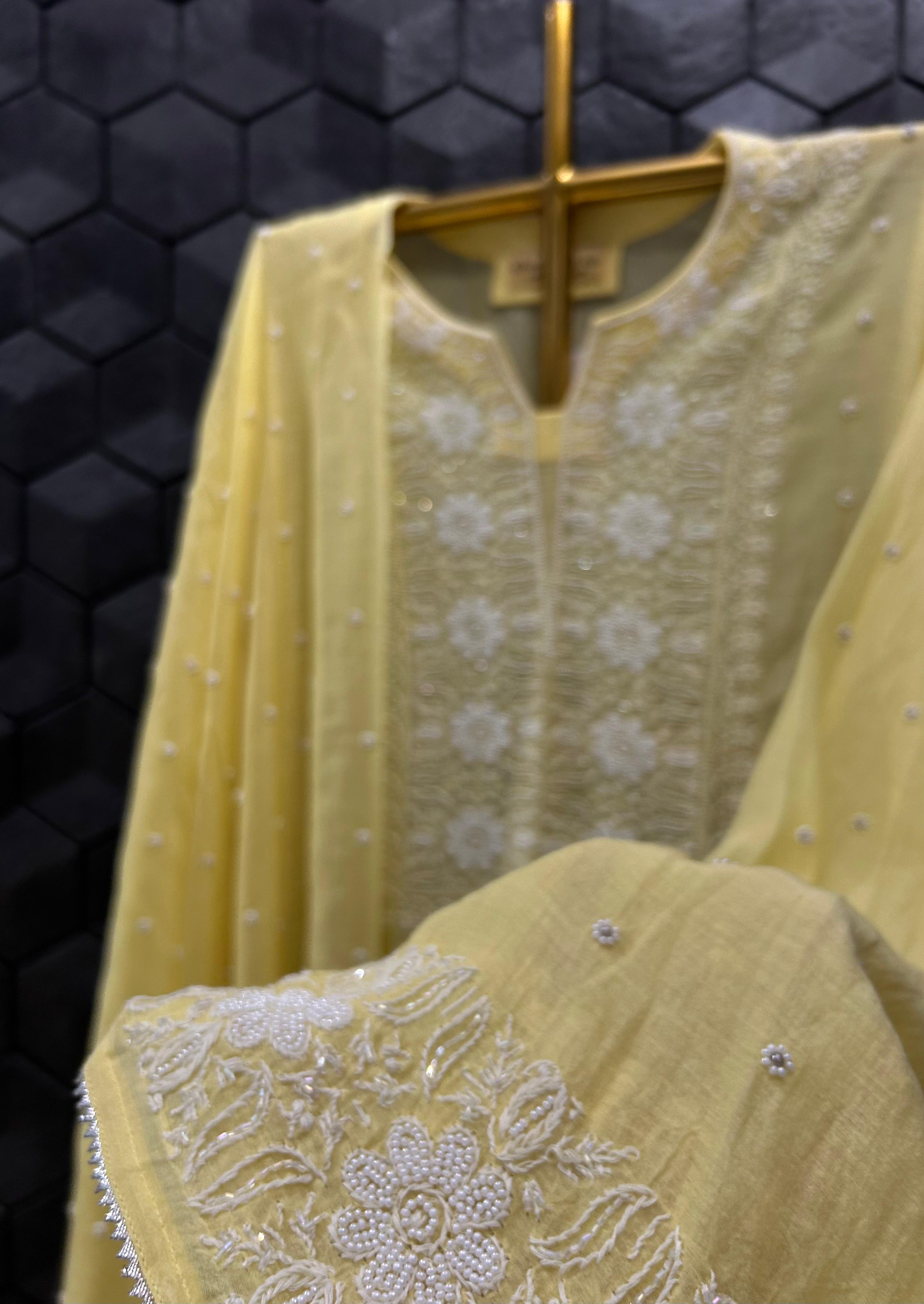 Yellow Mul Chanderi Chikankari Kurta Set