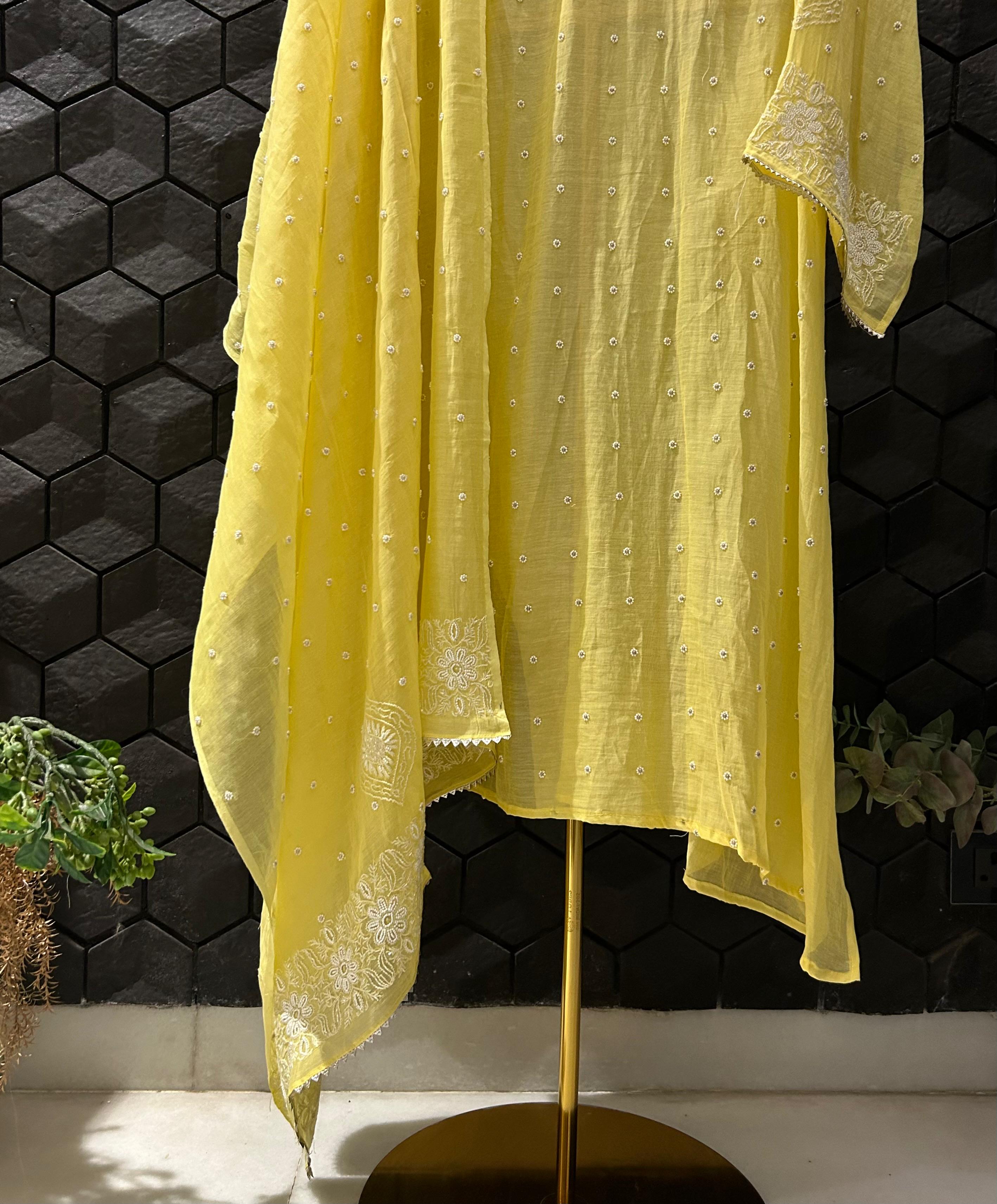 Yellow Mul Chanderi Chikankari Kurta Set