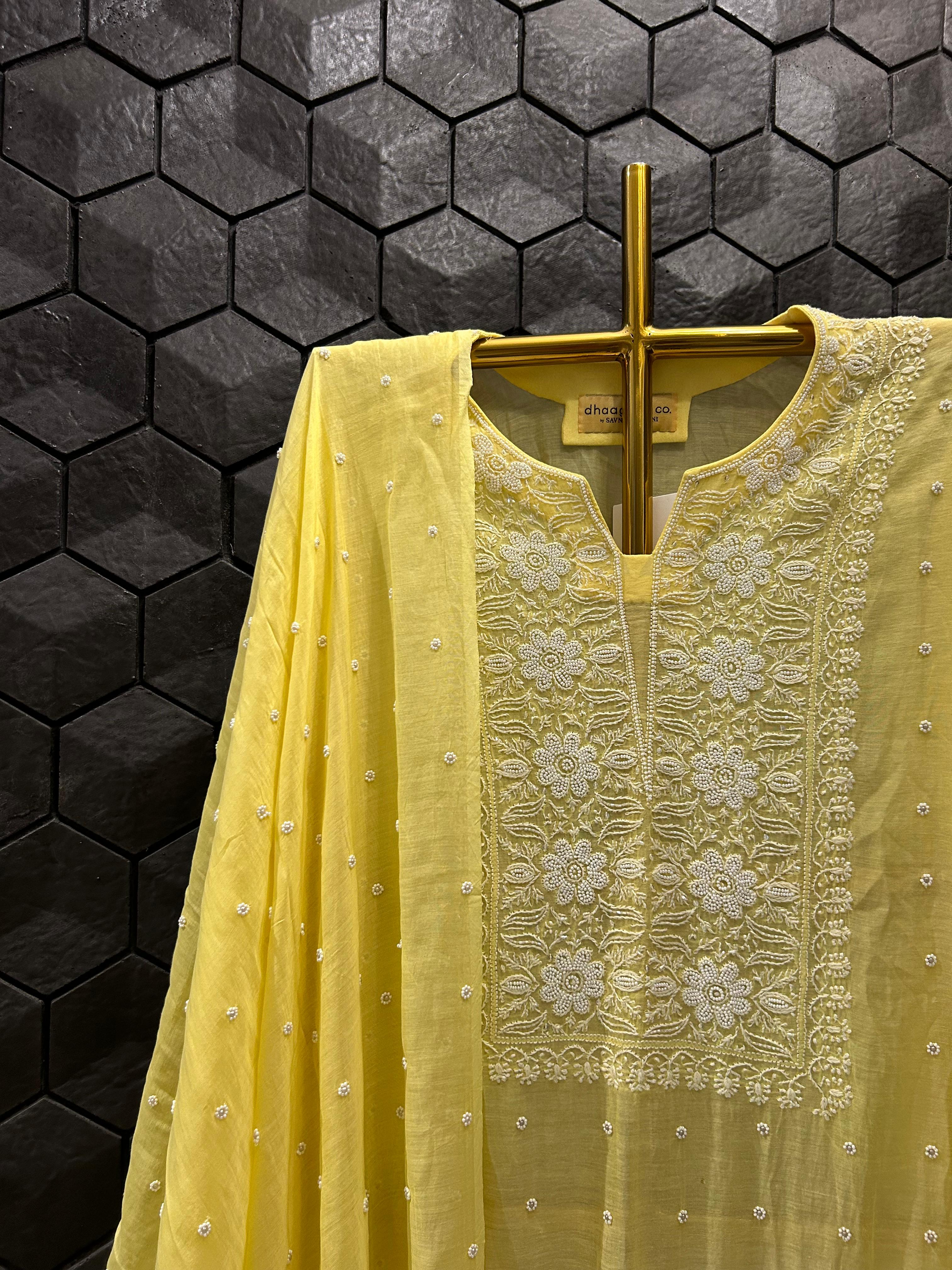 Yellow Mul Chanderi Chikankari Kurta Set