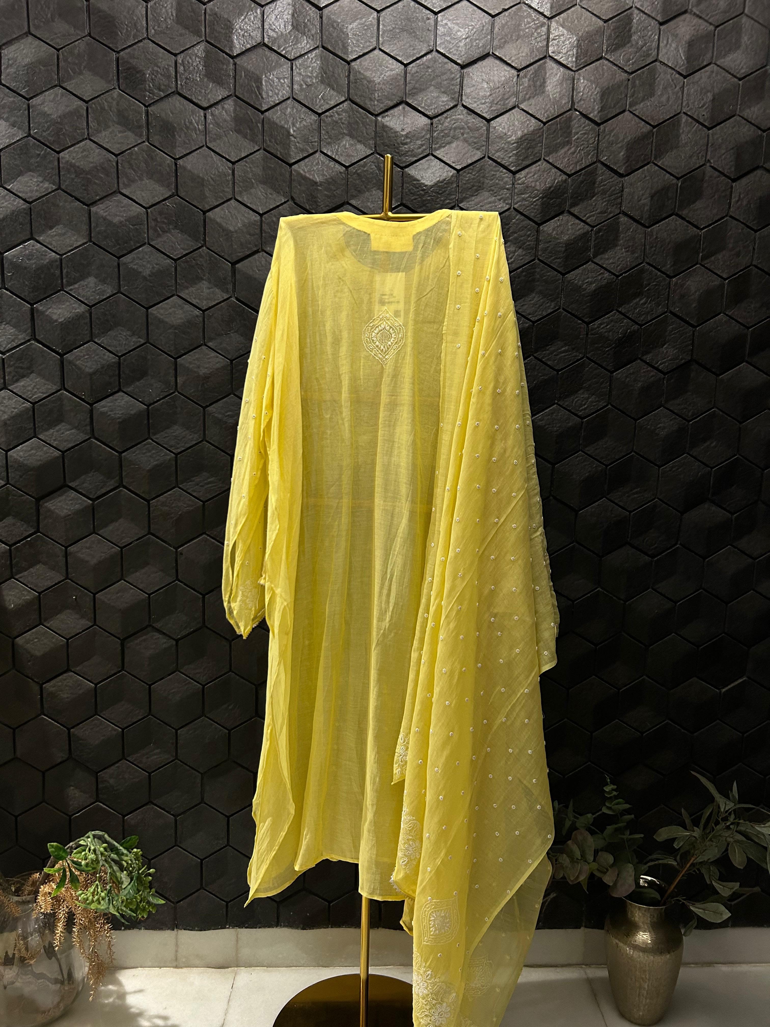 Yellow Mul Chanderi Chikankari Kurta Set