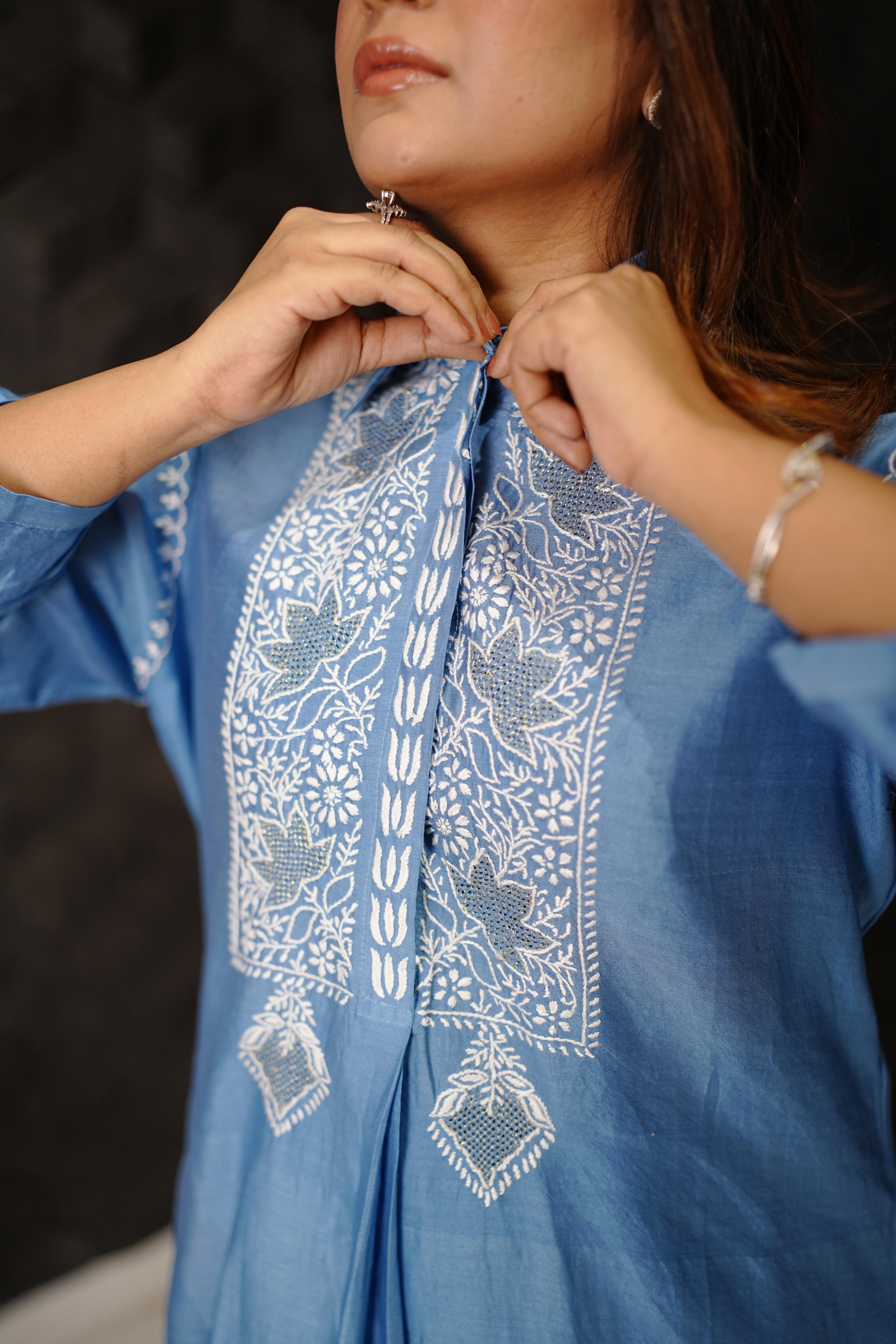 Blue Chanderi Chikankari Co-ord set