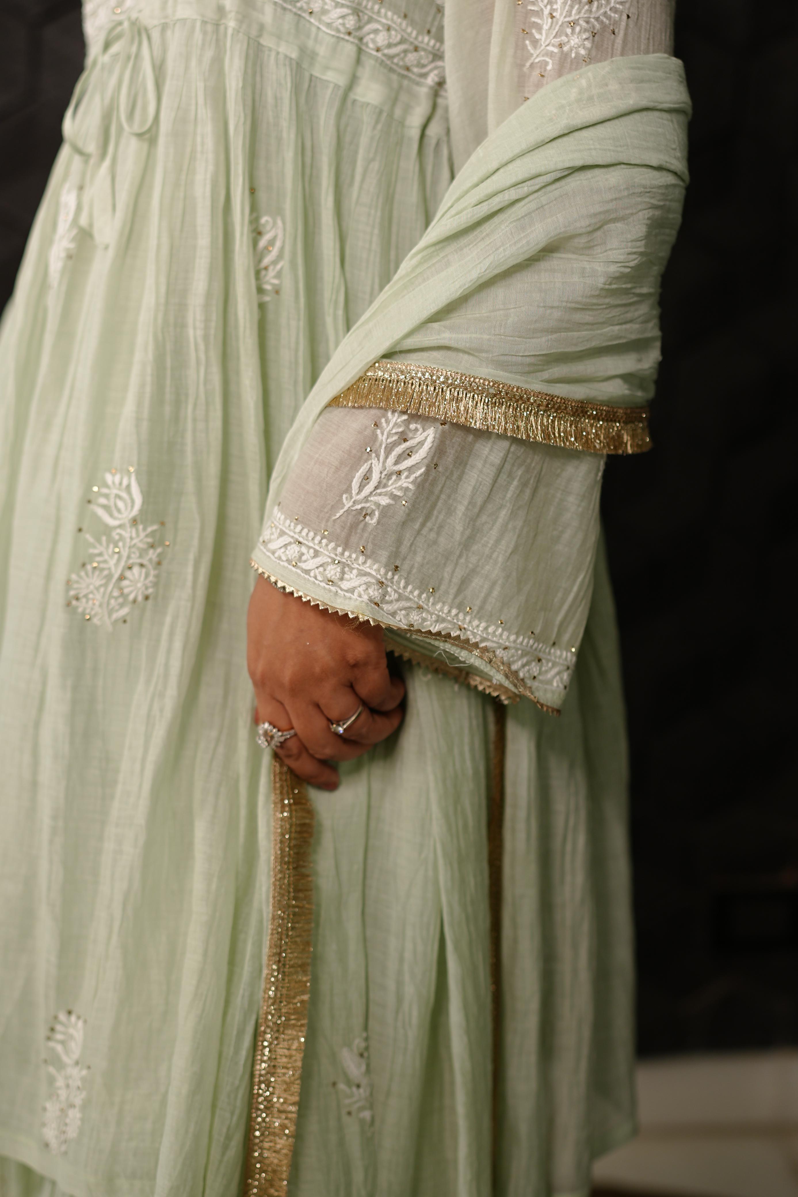 Sea Green Mul Chanderi Chikankari Sharara Set