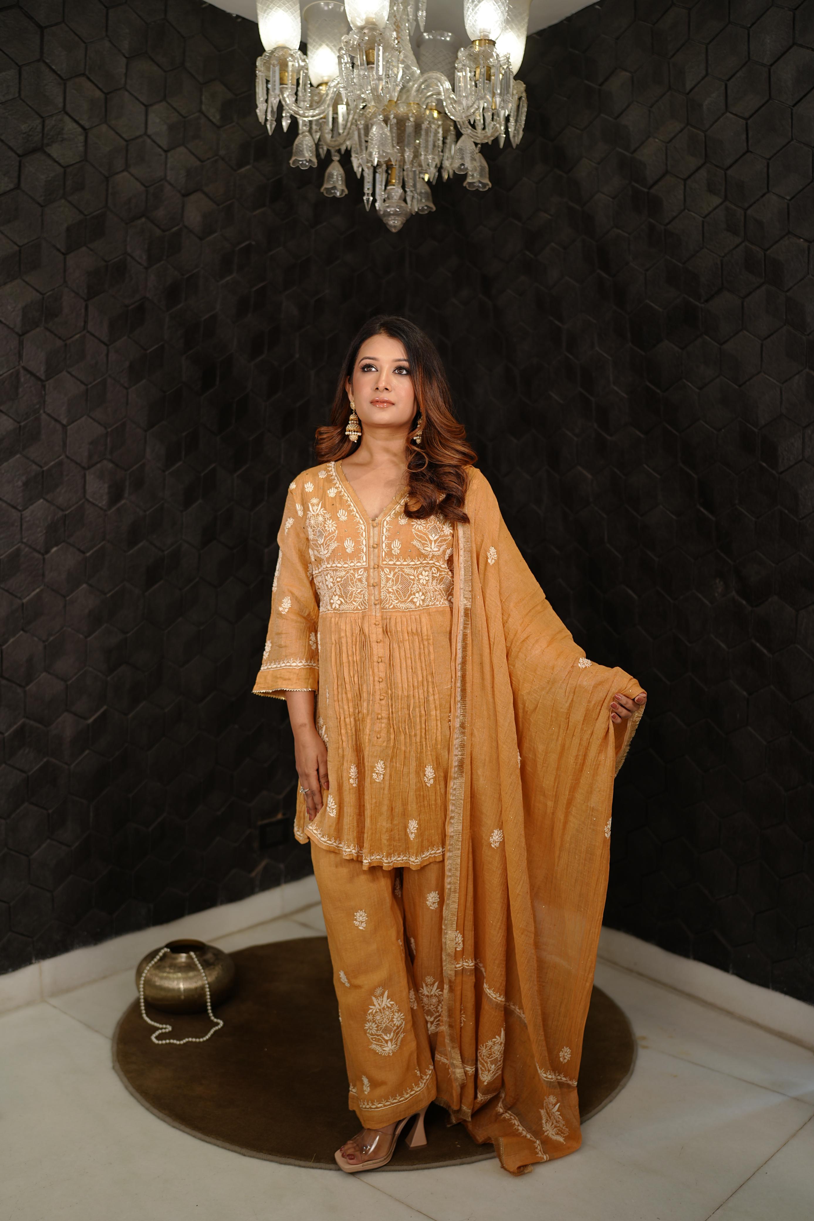 Mustard Tissue Chikankari Sharara Set