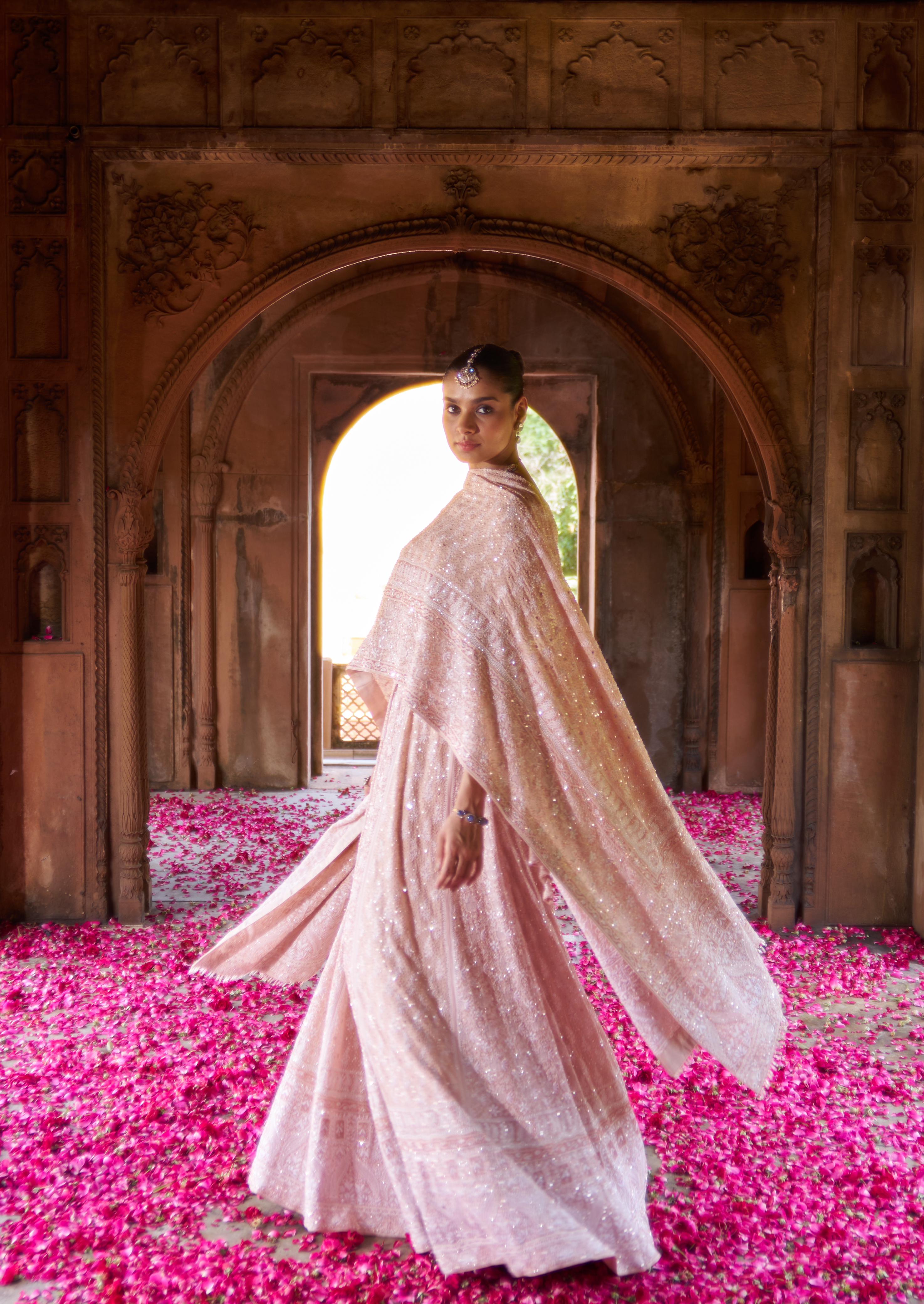 Peach Ek-taar Georgette Chikankari Lehenga Set