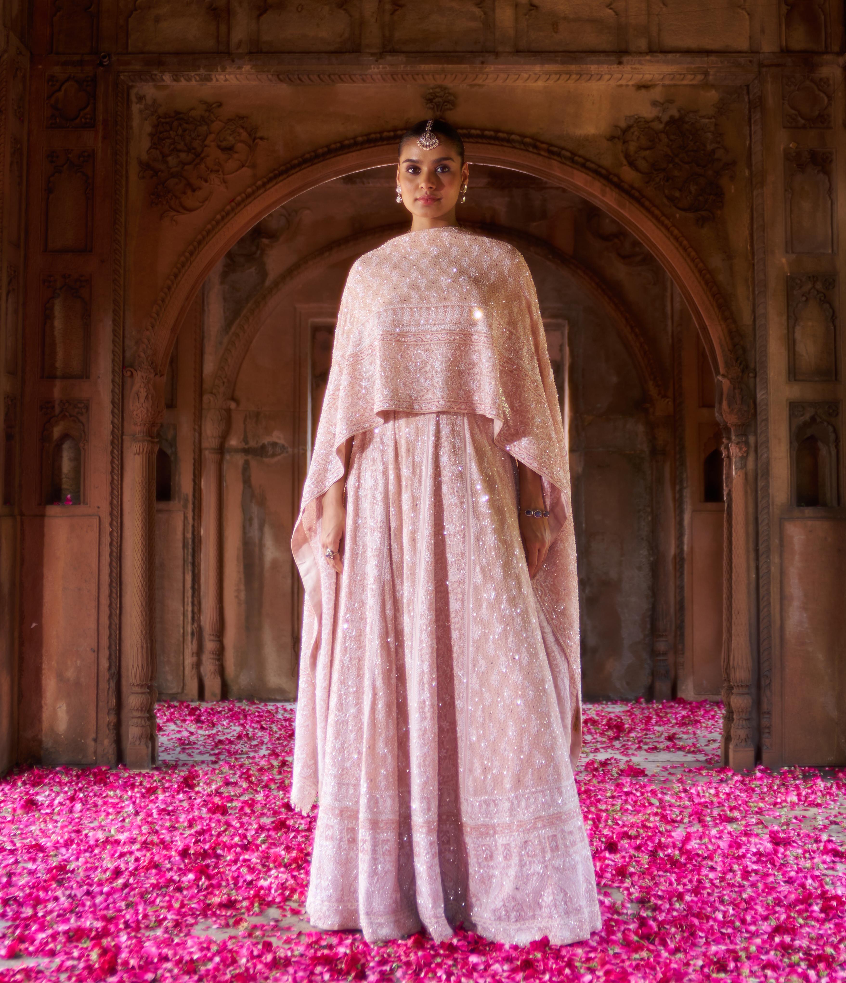 Peach Ek-taar Georgette Chikankari Lehenga Set