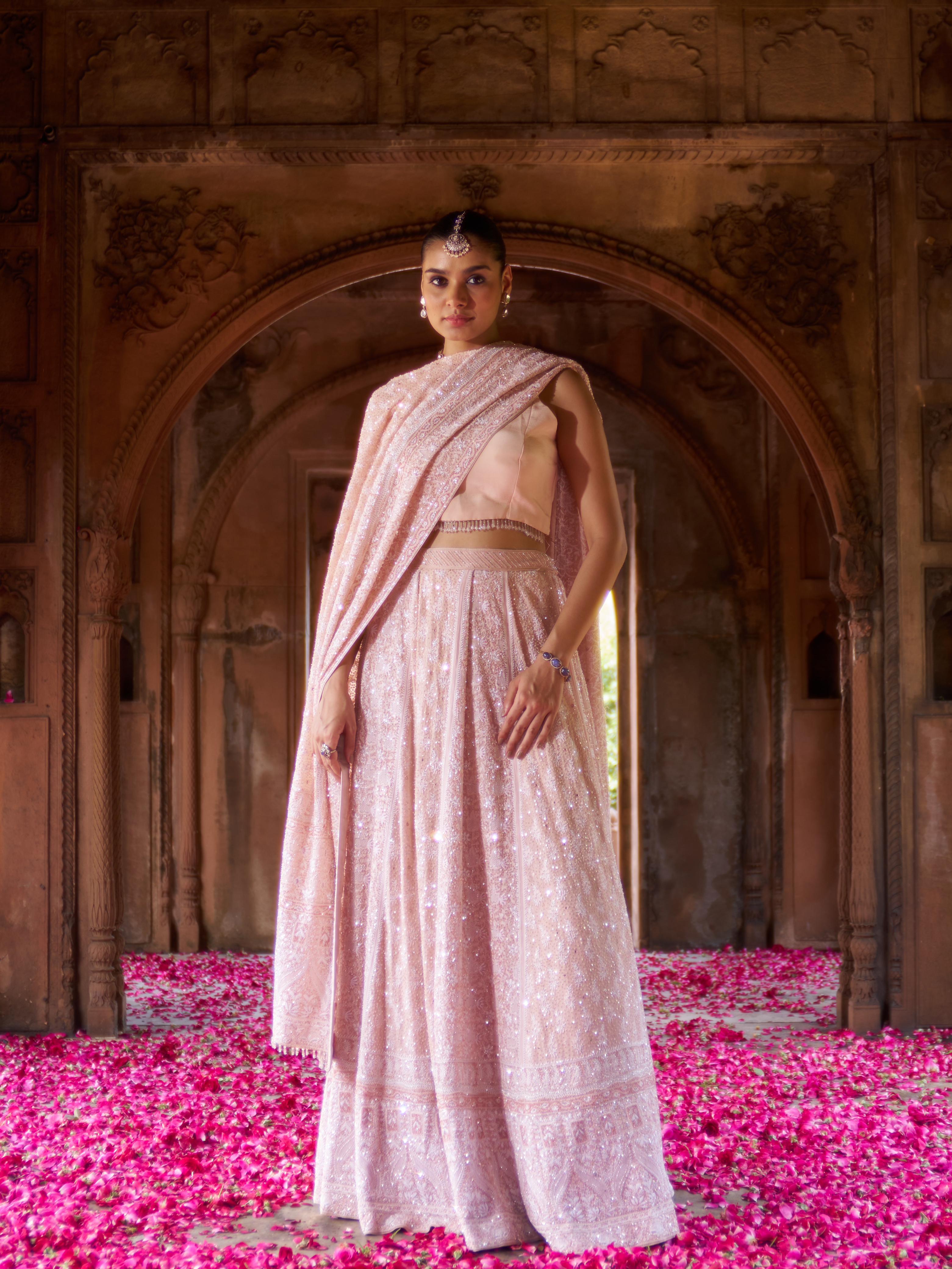 Peach Ek-taar Georgette Chikankari Lehenga Set