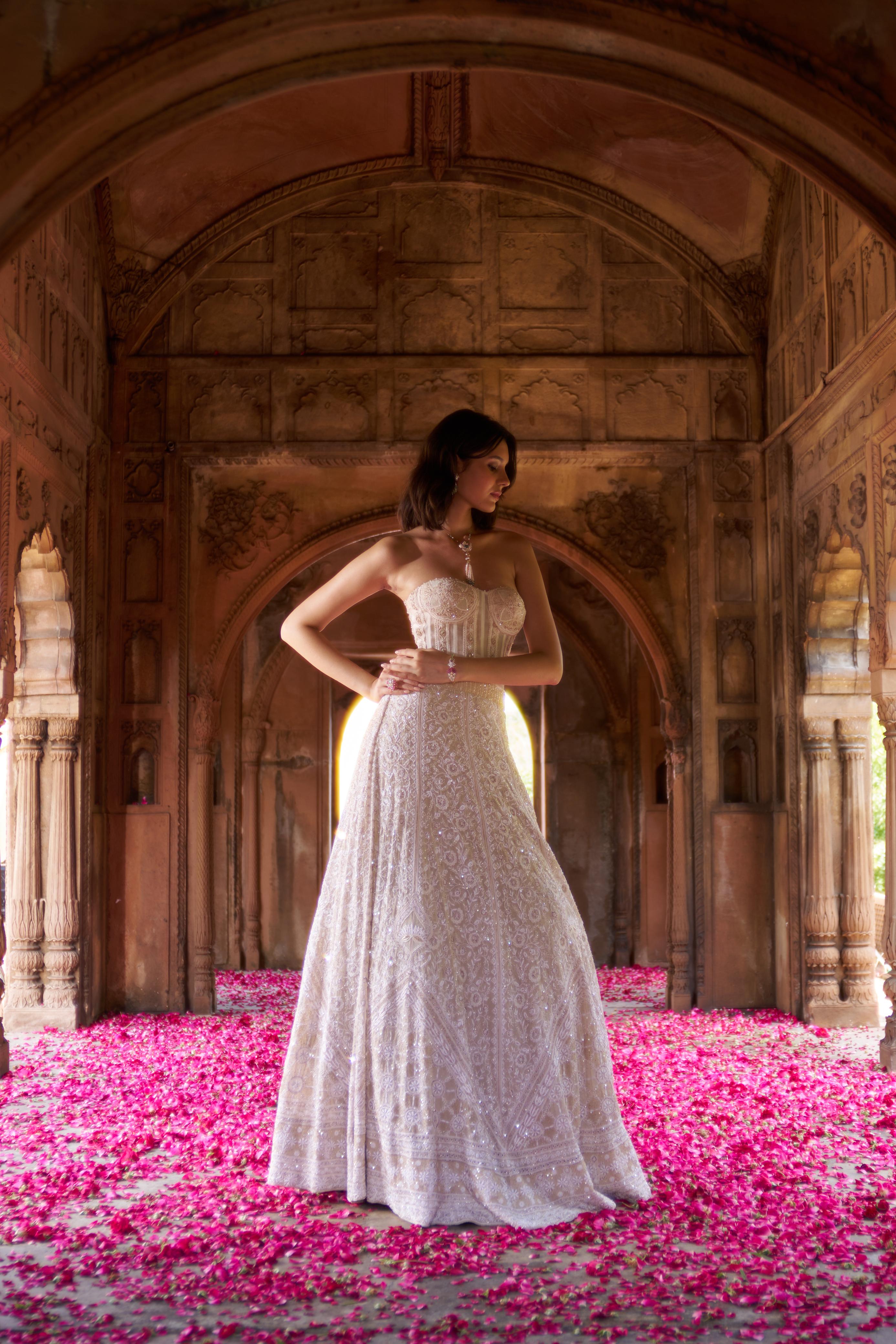 Ivory and Gold Ek - taar Georgette Chikankari Lehenga Set