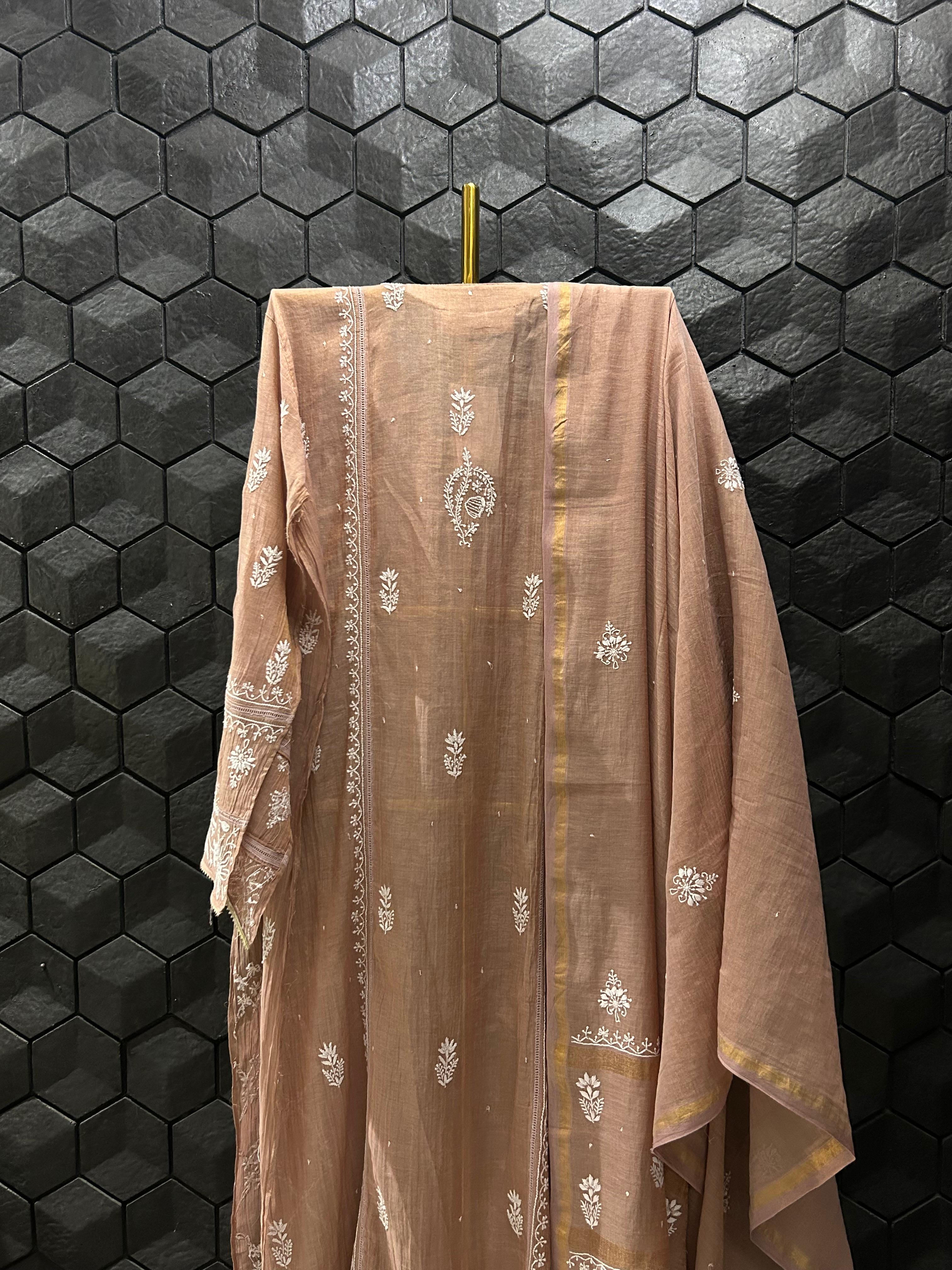 Peach Tissue Chikankari Kurta Set