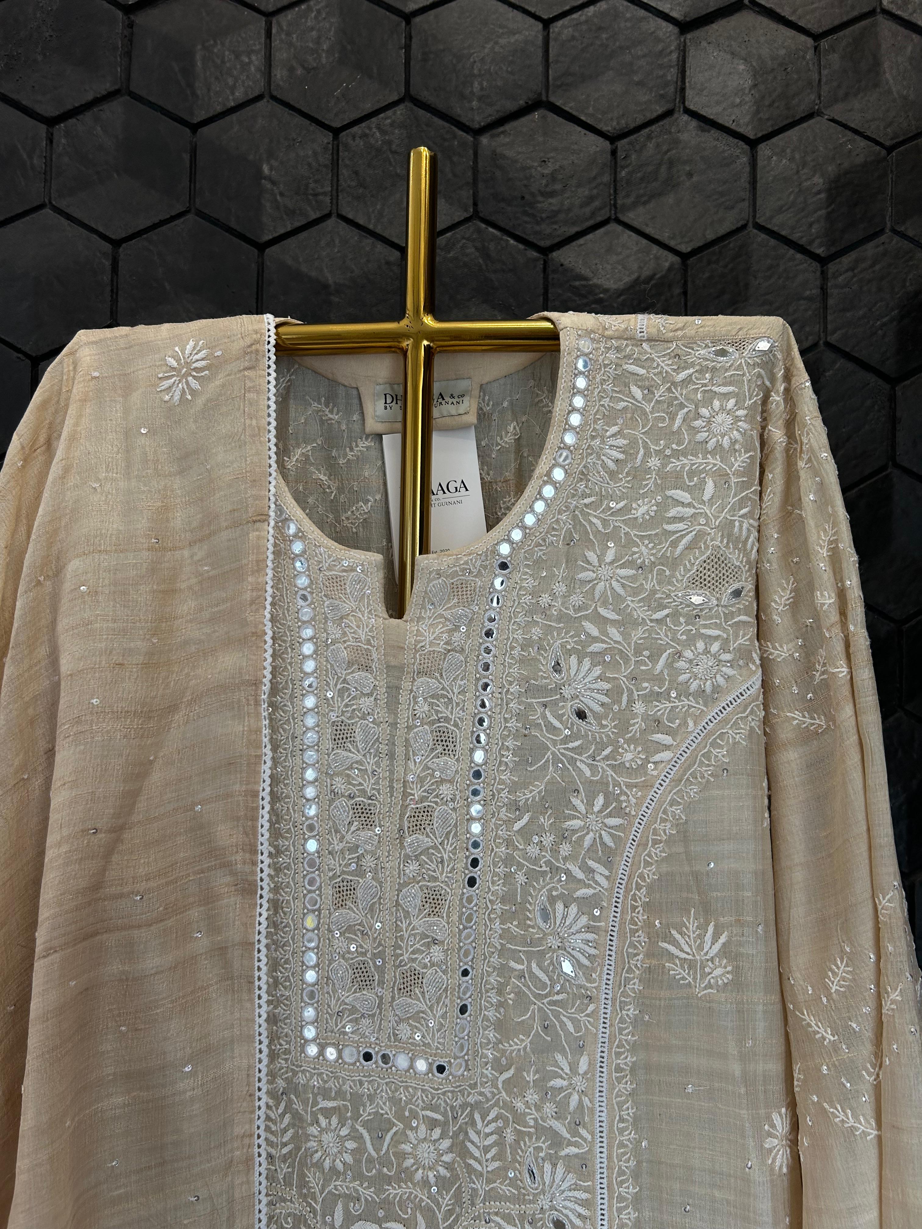 Beige Silk Chikankari Kurta Set