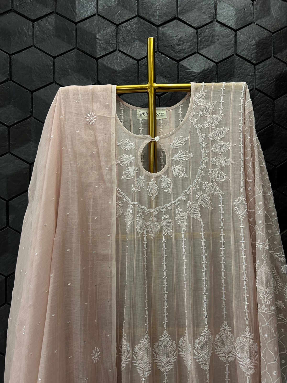 Pink Mul Chanderi Chikankari Anarkali Set