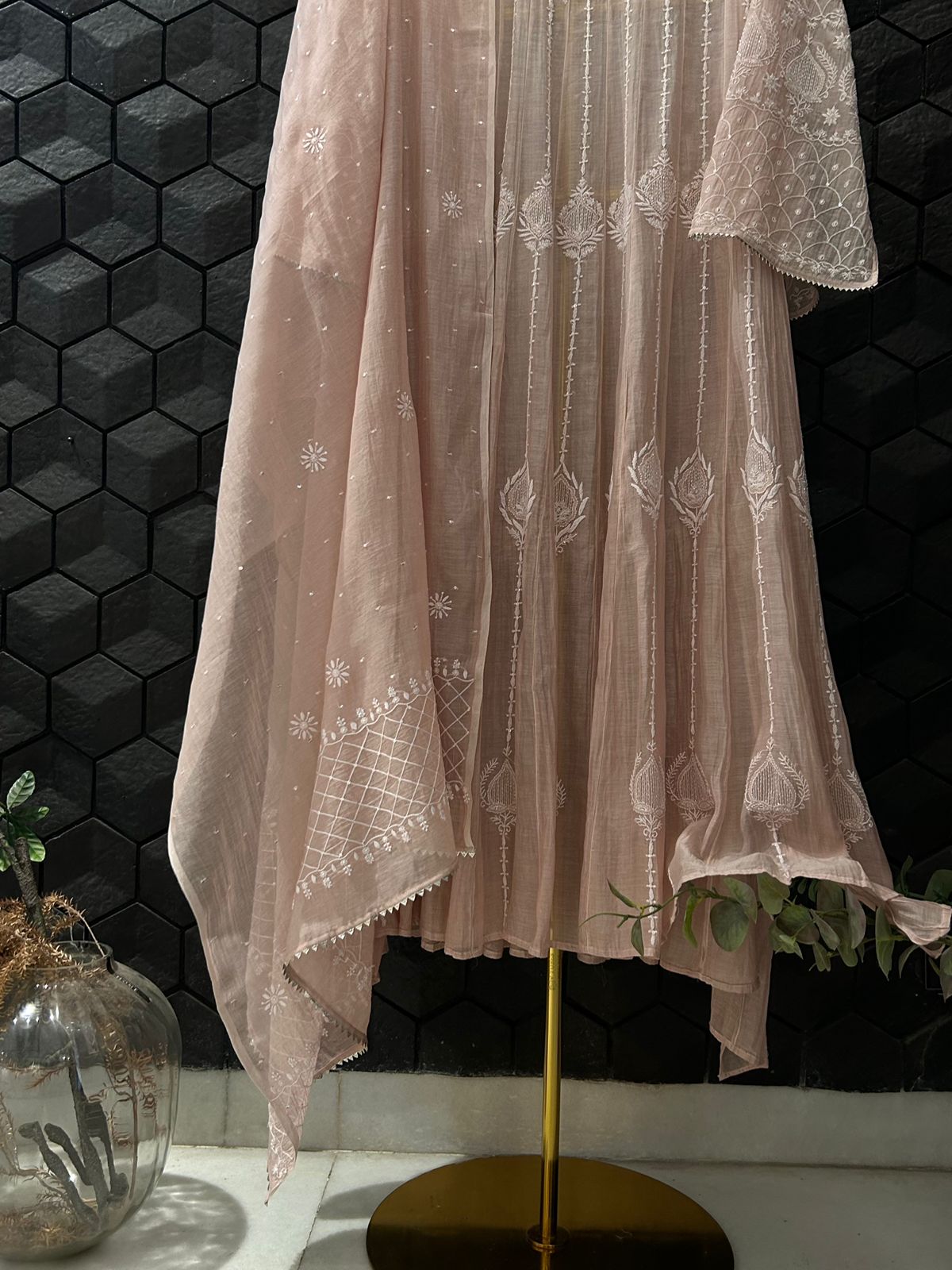 Pink Mul Chanderi Chikankari Anarkali Set