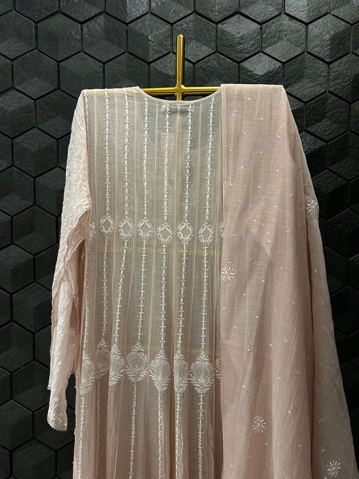 Pink Mul Chanderi Chikankari Anarkali Set