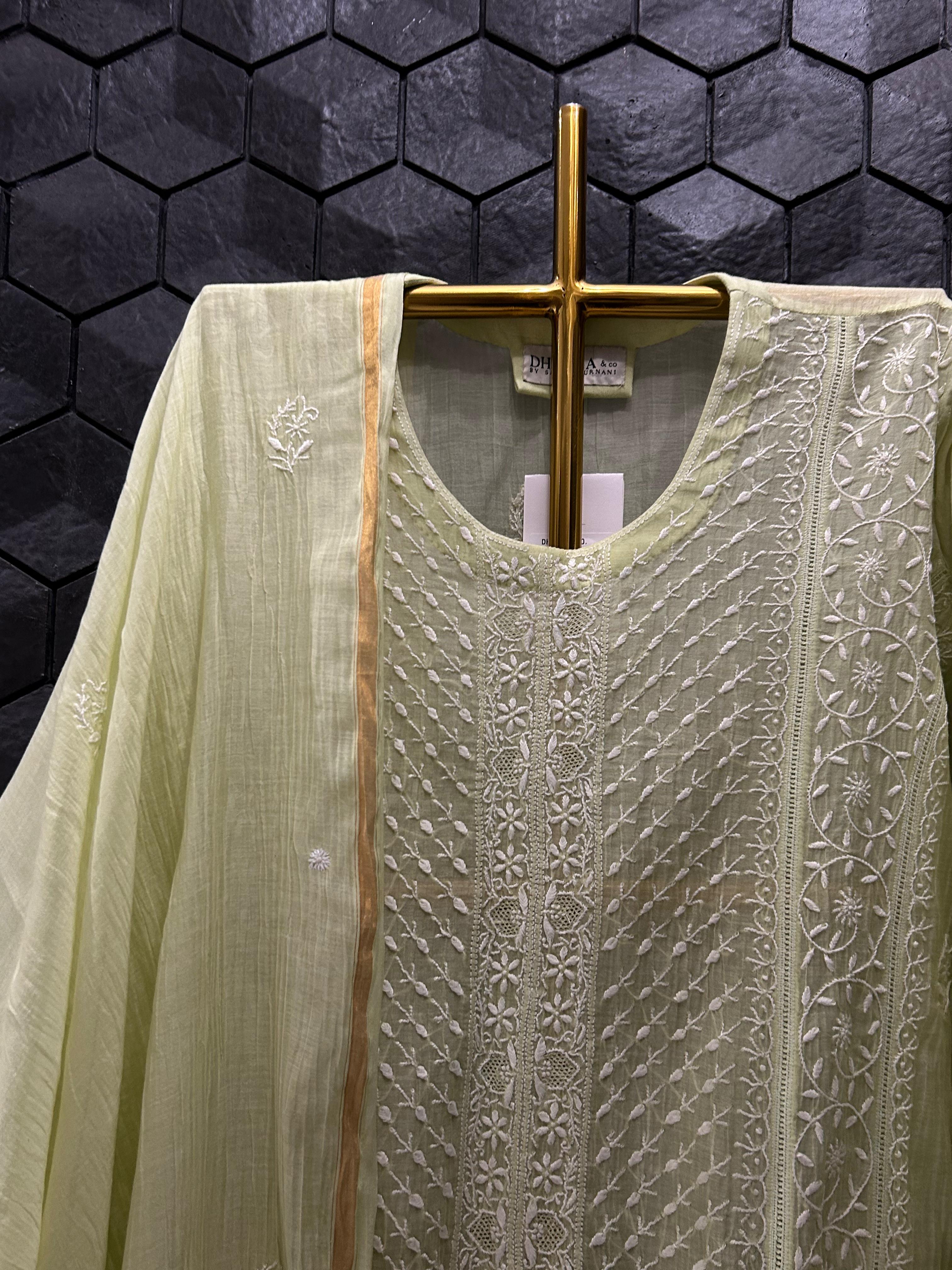 Green Mul Chanderi Chikankari Kurta Set