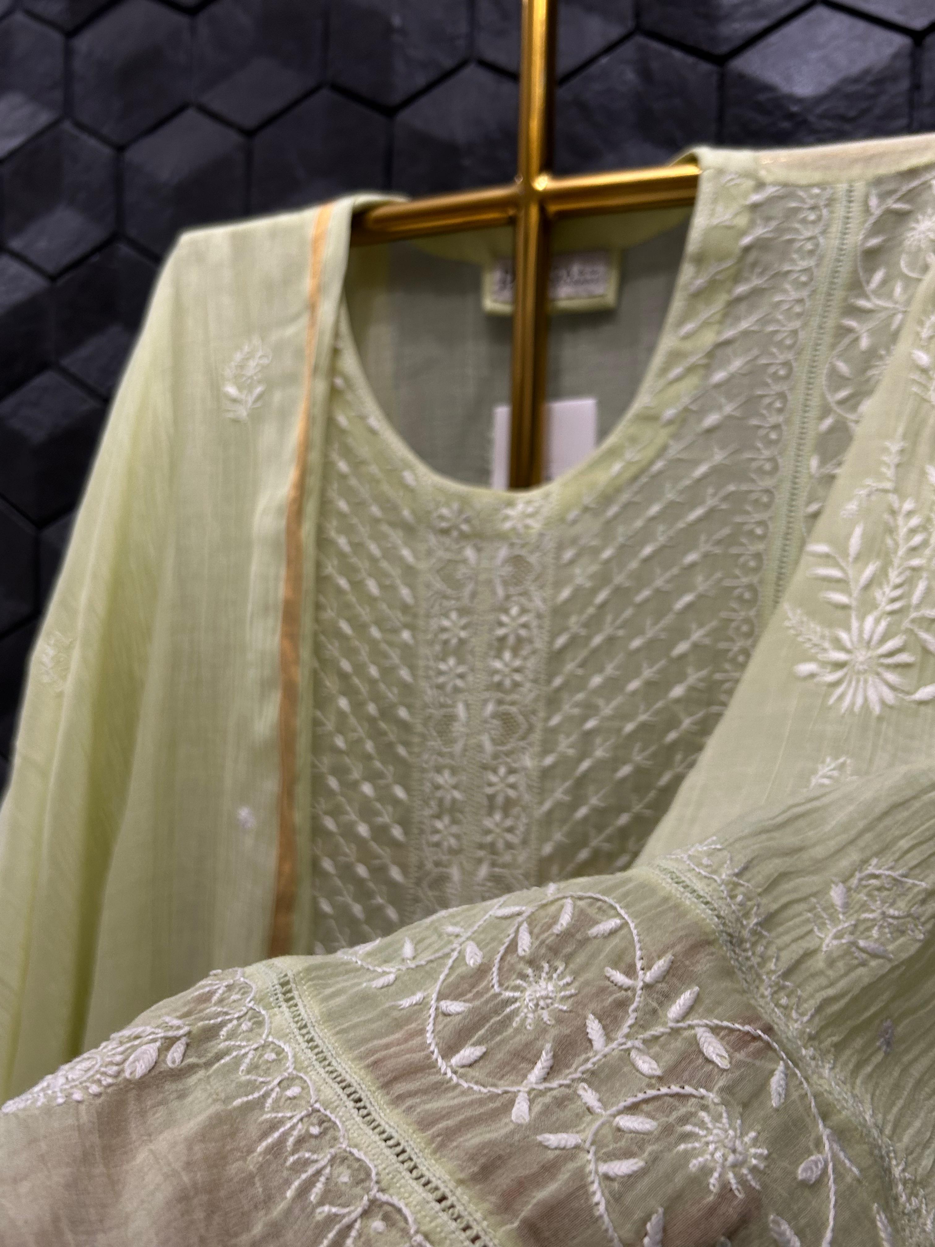 Green Mul Chanderi Chikankari Kurta Set