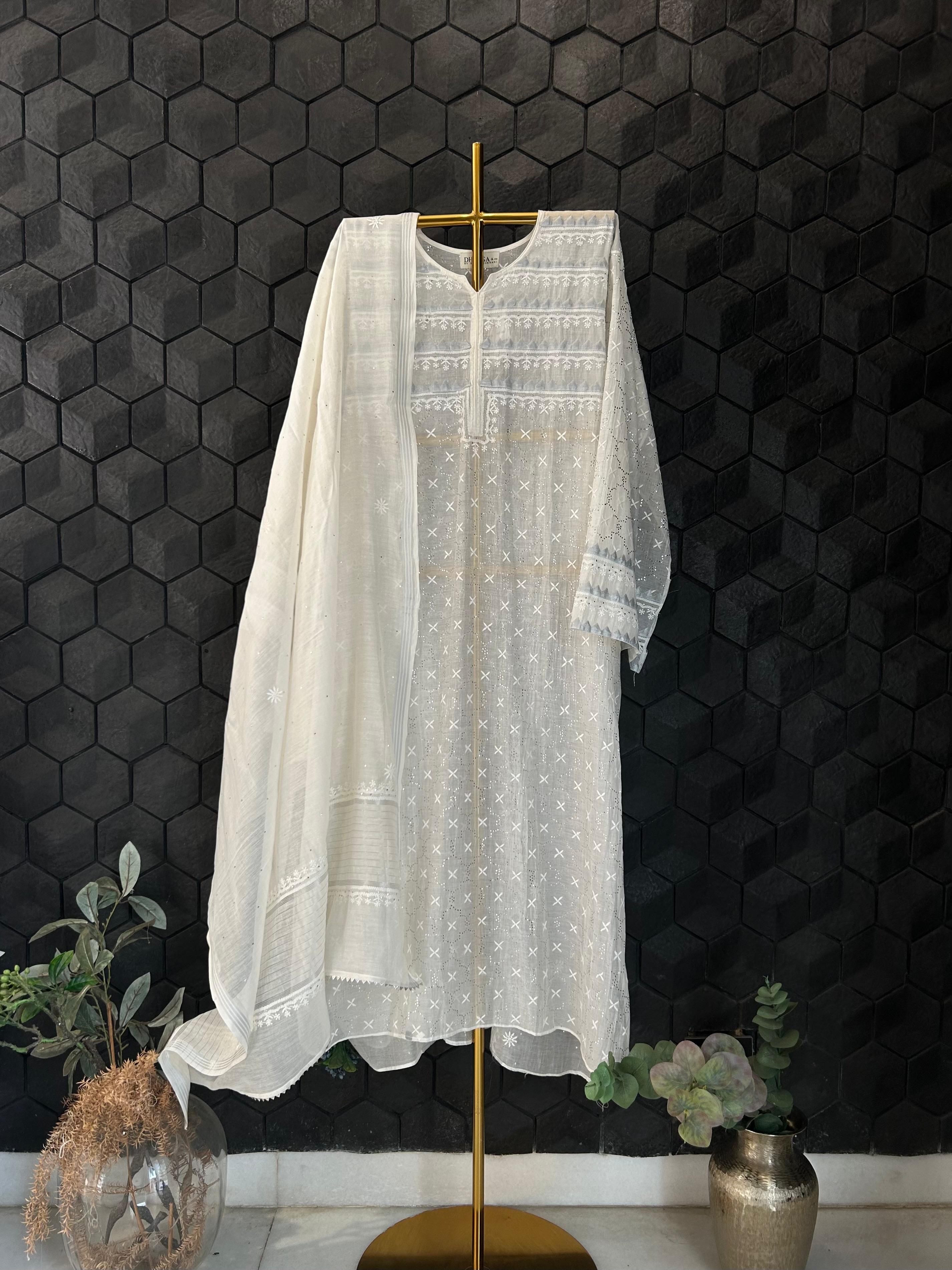 White Chanderi Chikankari Mukaish Kurta Set