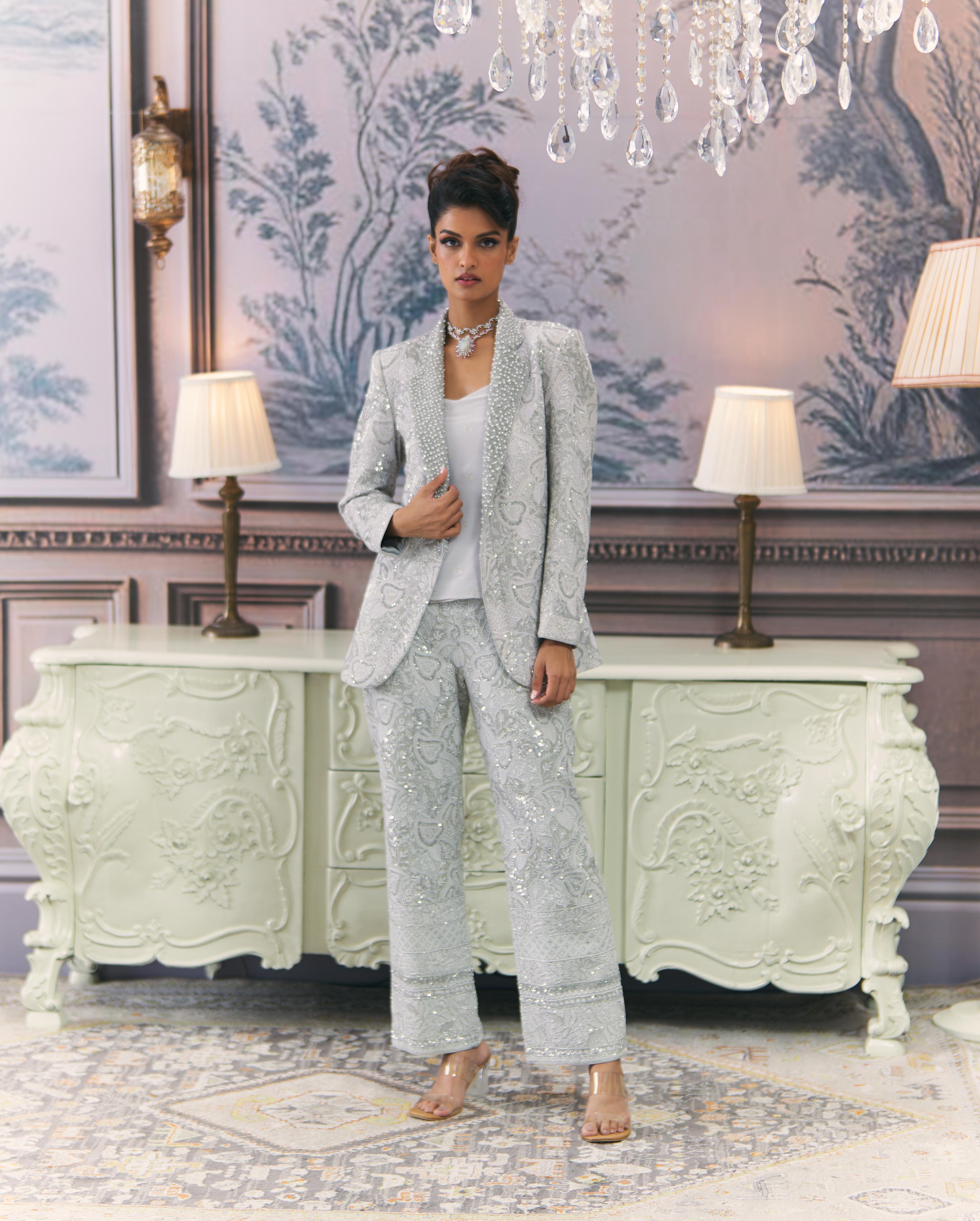 Silver Chikankari Pant Suit Blazer Set
