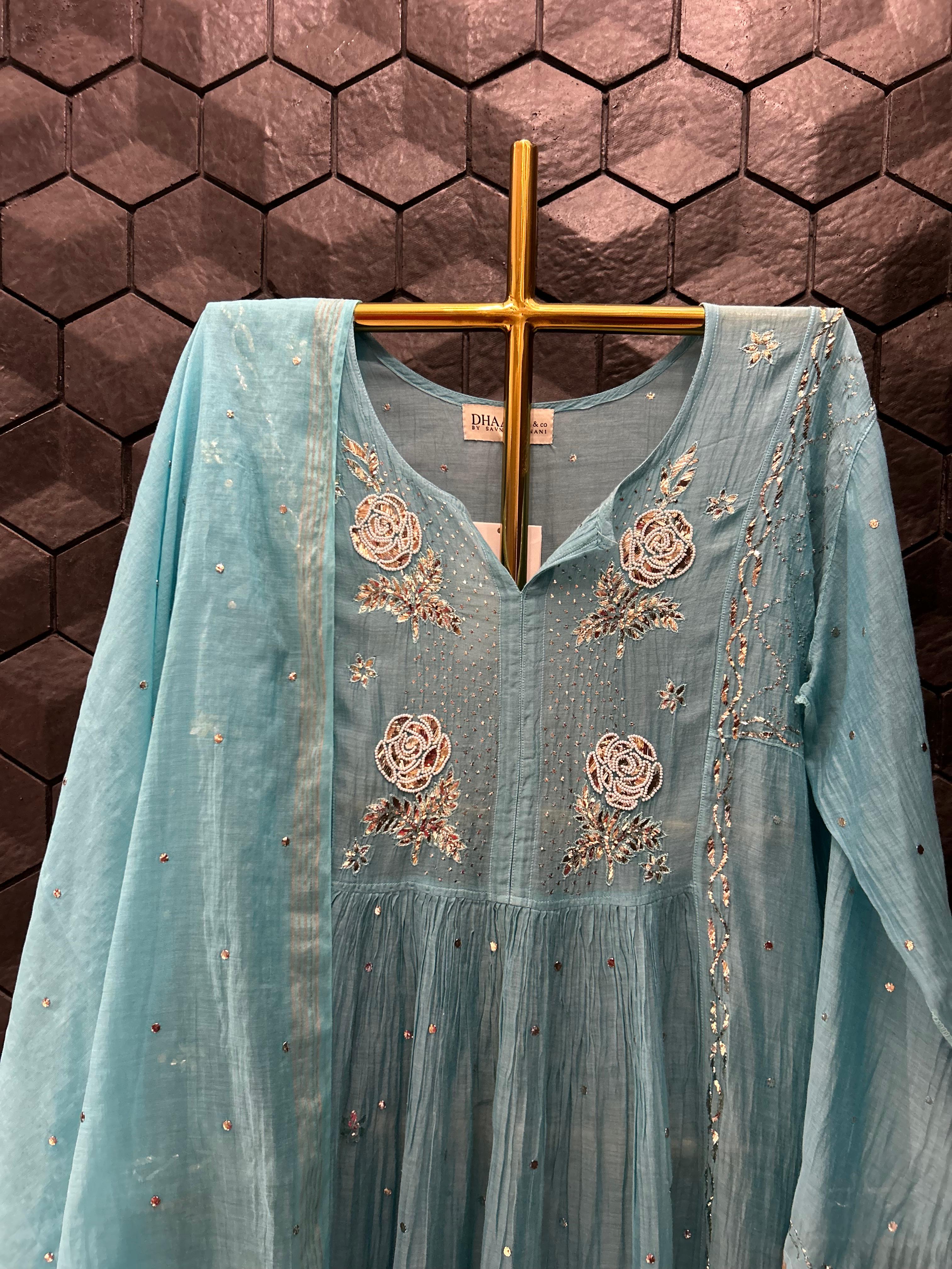Blue Mul Chanderi Mukaish Kurta Set