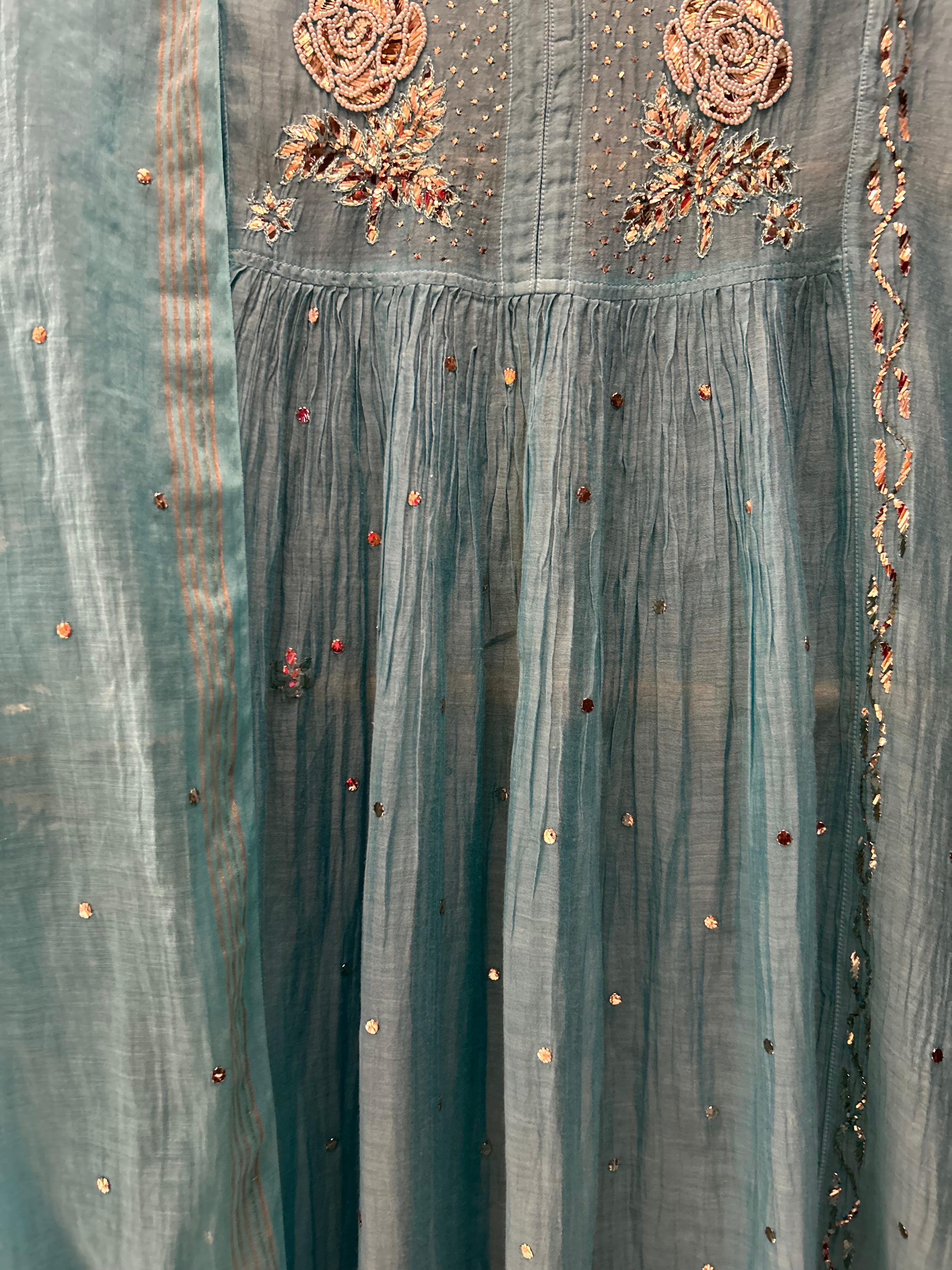 Blue Mul Chanderi Mukaish Kurta Set