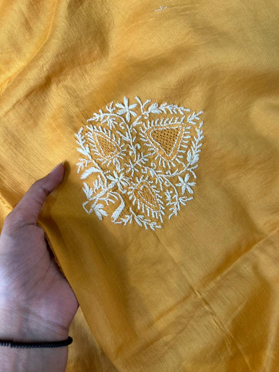 Mustard Chanderi Chikankari Mens kurta