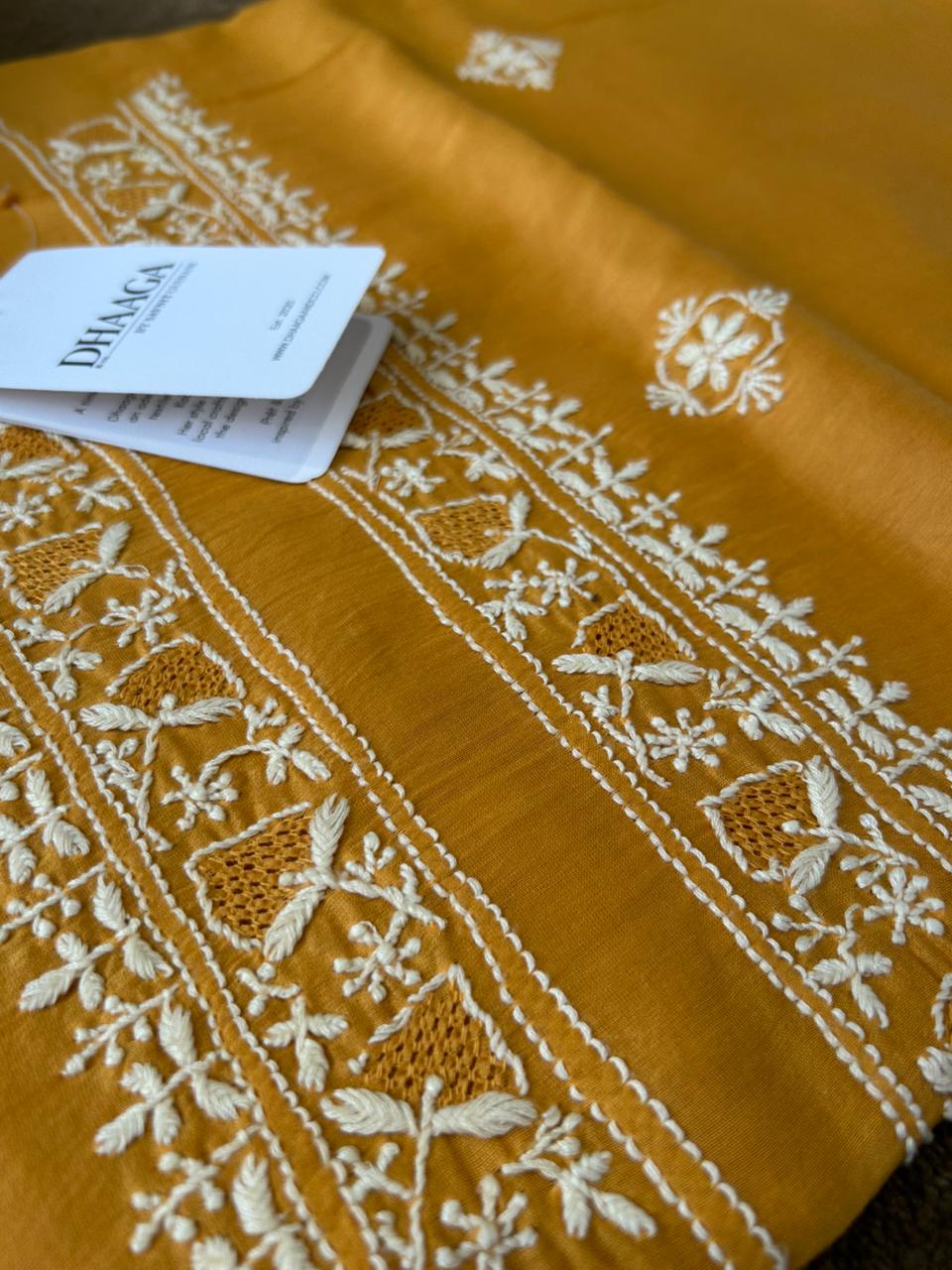 Mustard Chanderi Chikankari Mens kurta