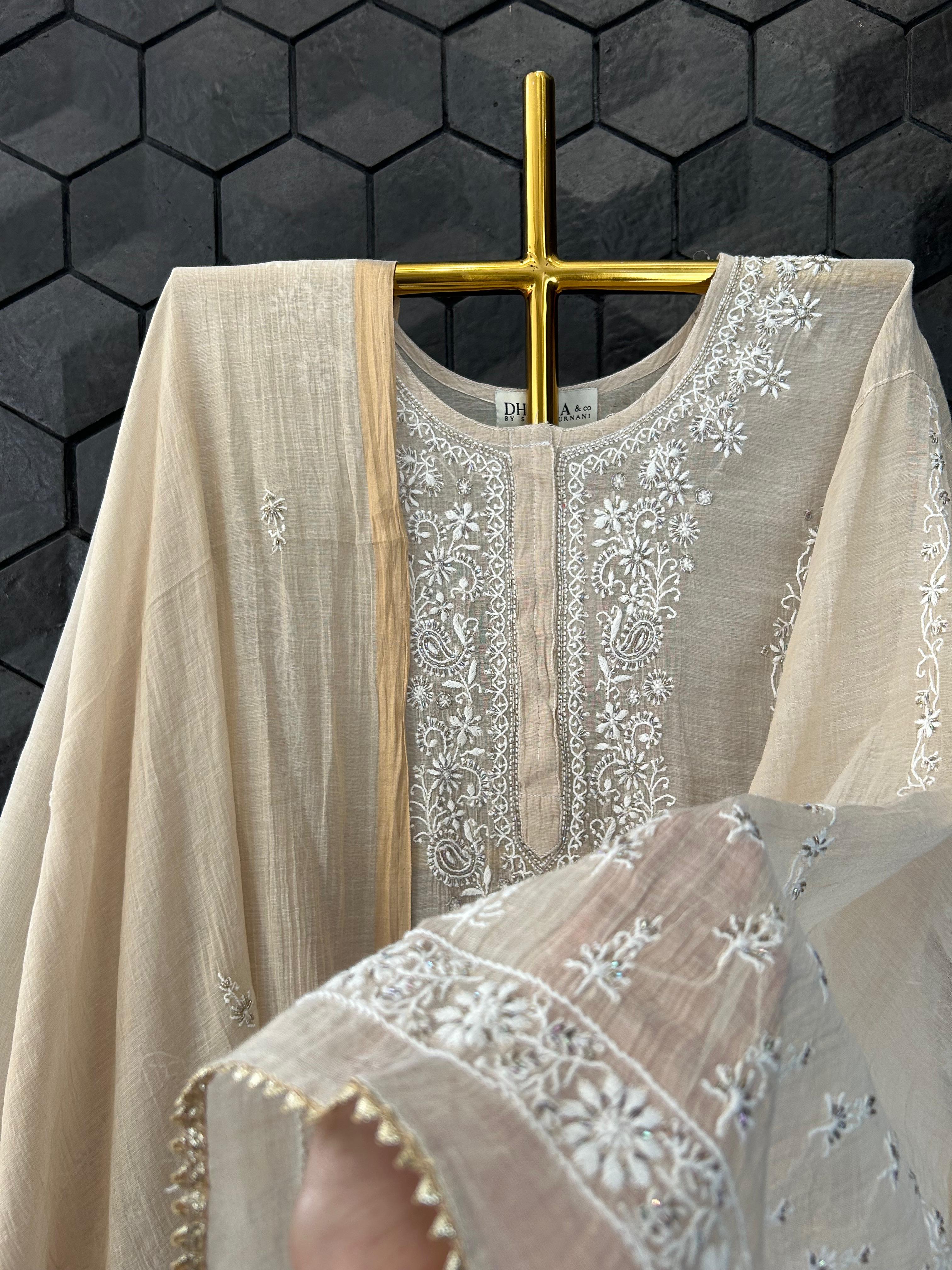 Beige golden tissue chikanakri kurta set