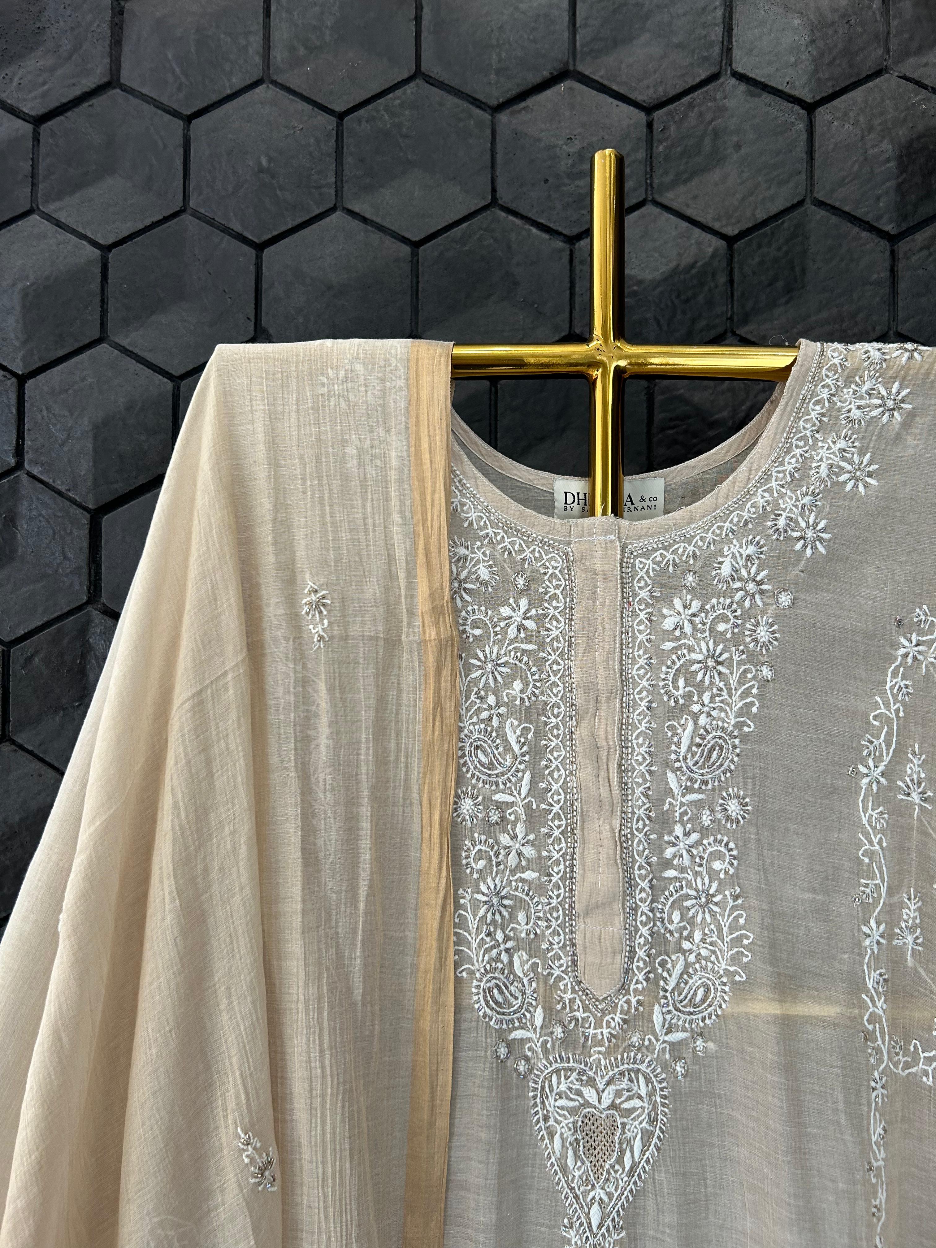 Beige golden tissue chikanakri kurta set