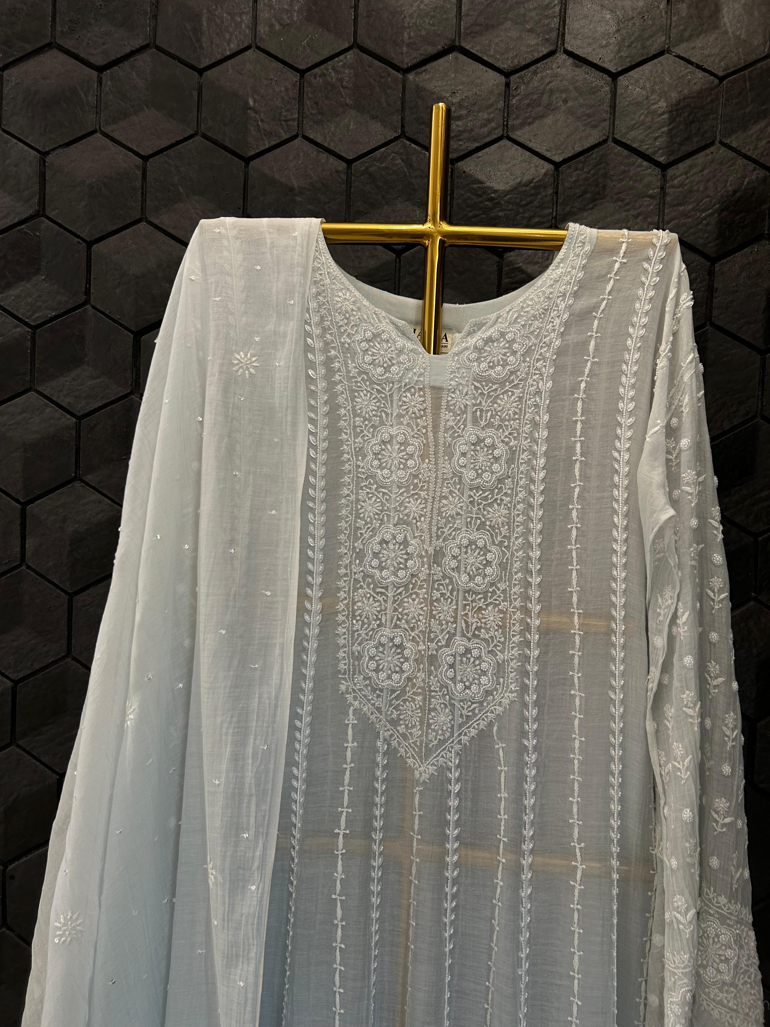 Sky Blue Mul Chanderi Chikankari Anarkali Set